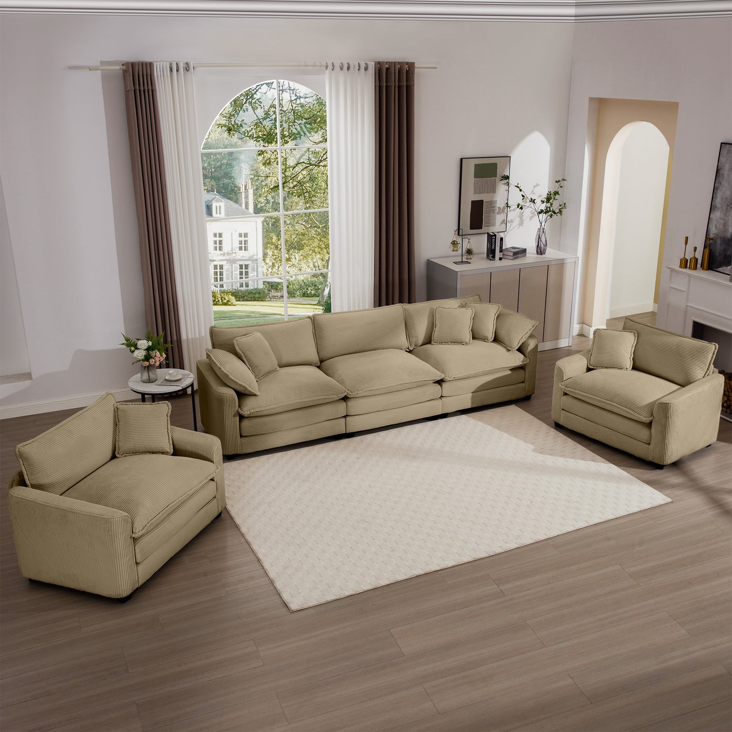 Beige corduroy sectional sofa with plush cushions offering ultimate comfort for living rooms