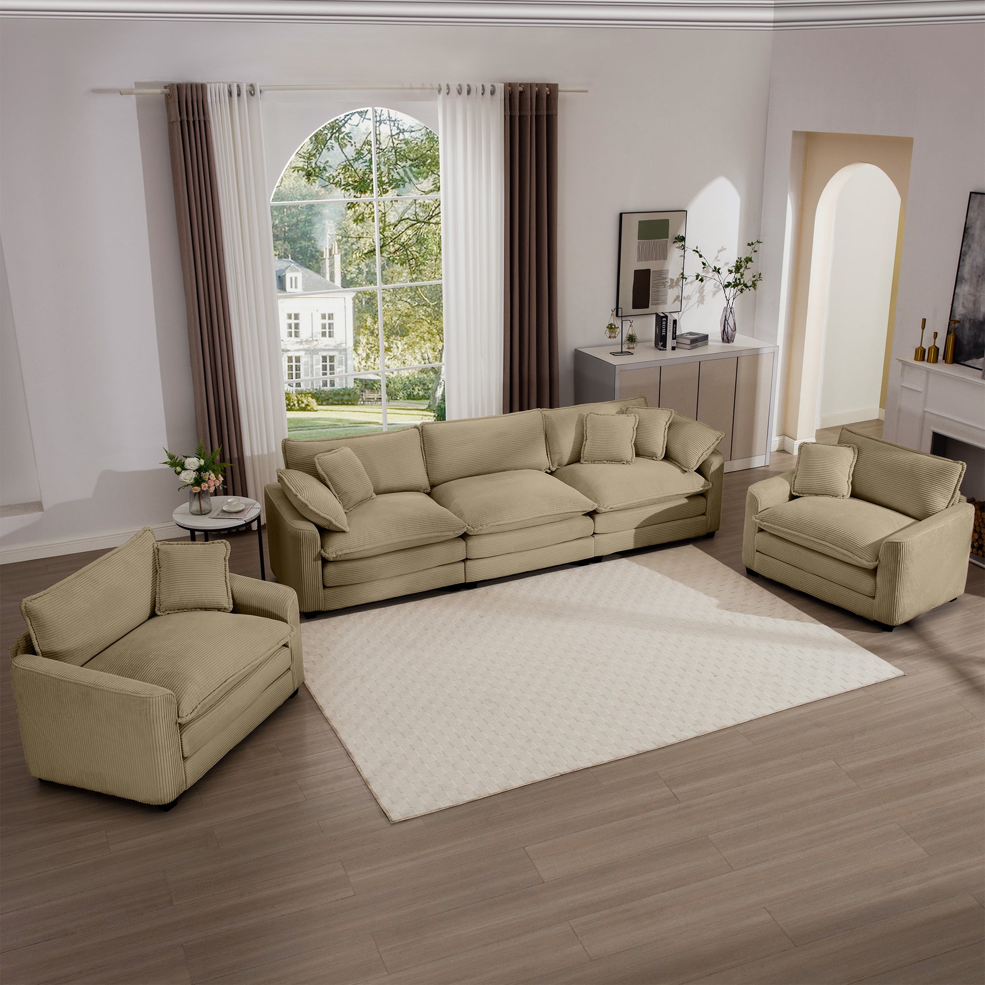Beige corduroy sectional sofa with plush cushions offering ultimate comfort for living rooms