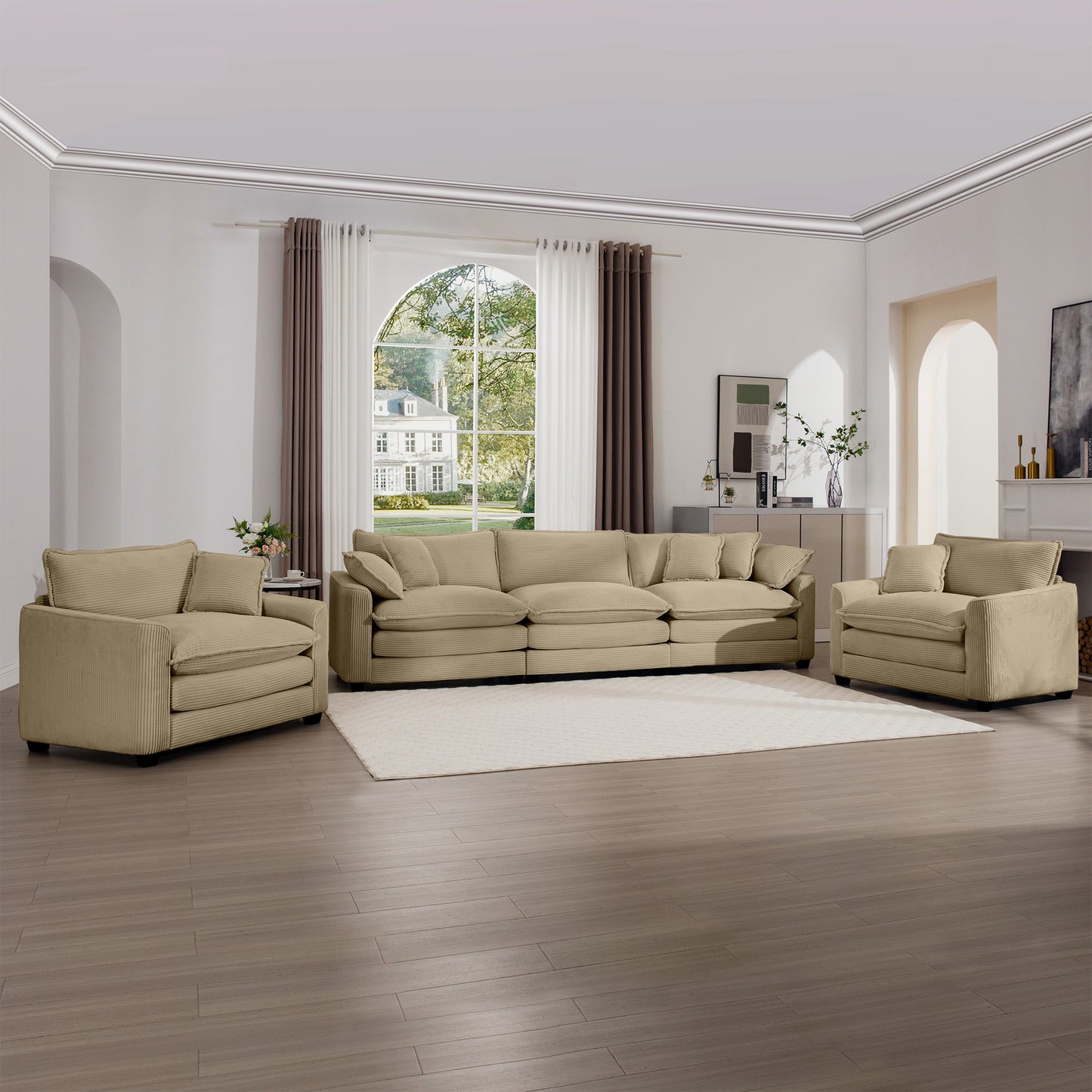 Beige corduroy seater sofa with plush cushions and accent pillows perfect for modern living rooms