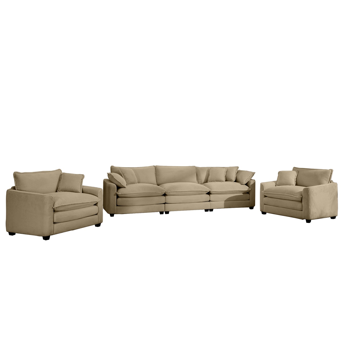 Beige corduroy sectional sofa with plush throw pillows