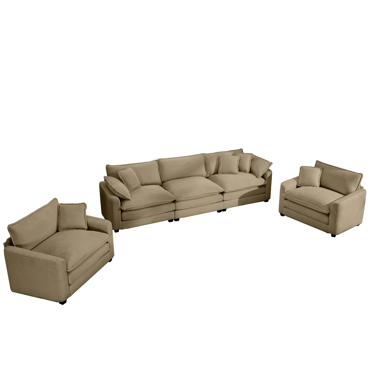 Beige corduroy modular sofa set with plush cushions and accent pillows