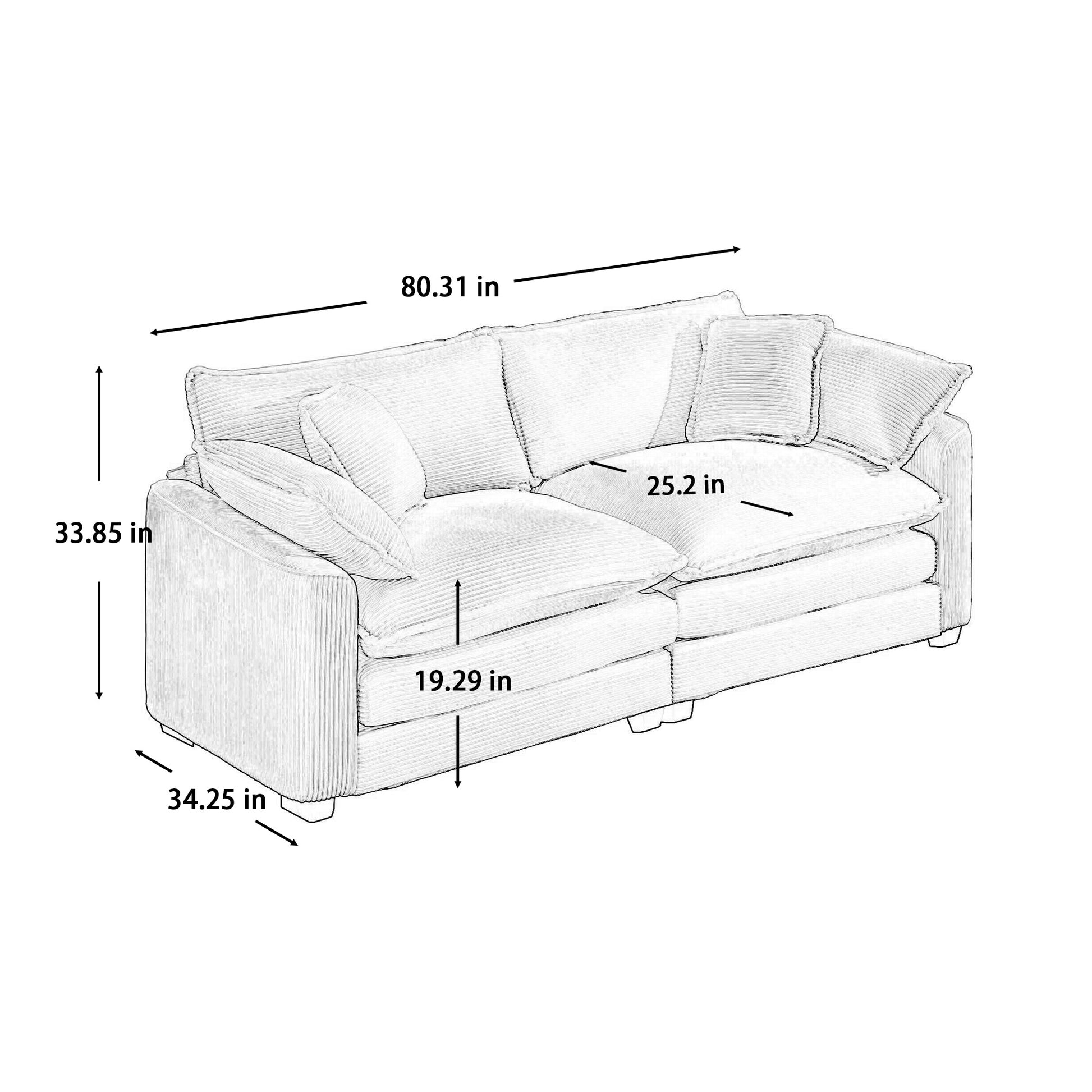 Sketched sectional sofa with corduroy texture  inch width for living room comfort