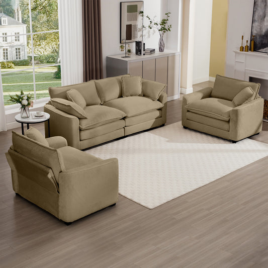 Comfortable tan corduroy sofa with plush cushions for living room relaxation