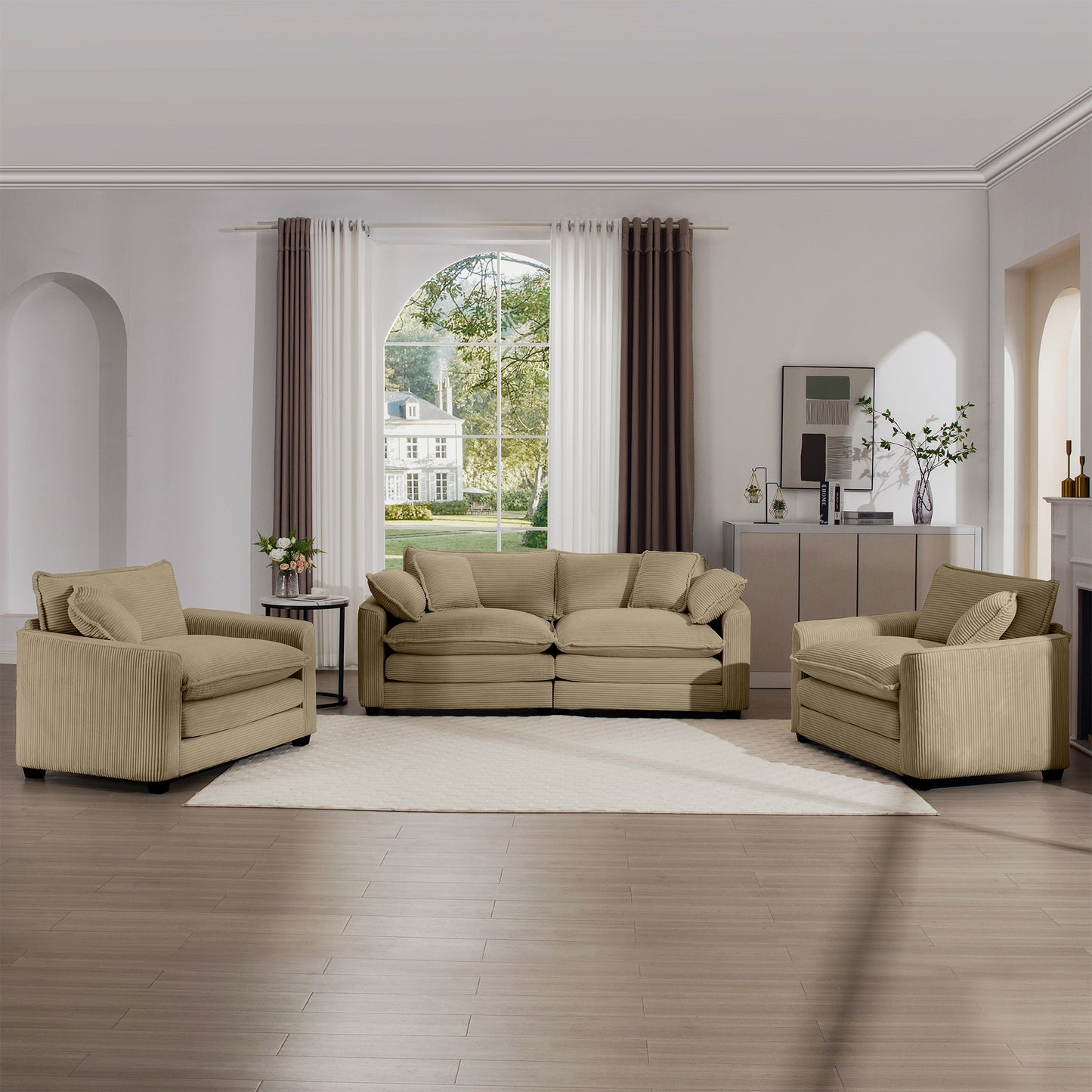 Beige corduroy sofa with plush cushions for comfortable living room seating