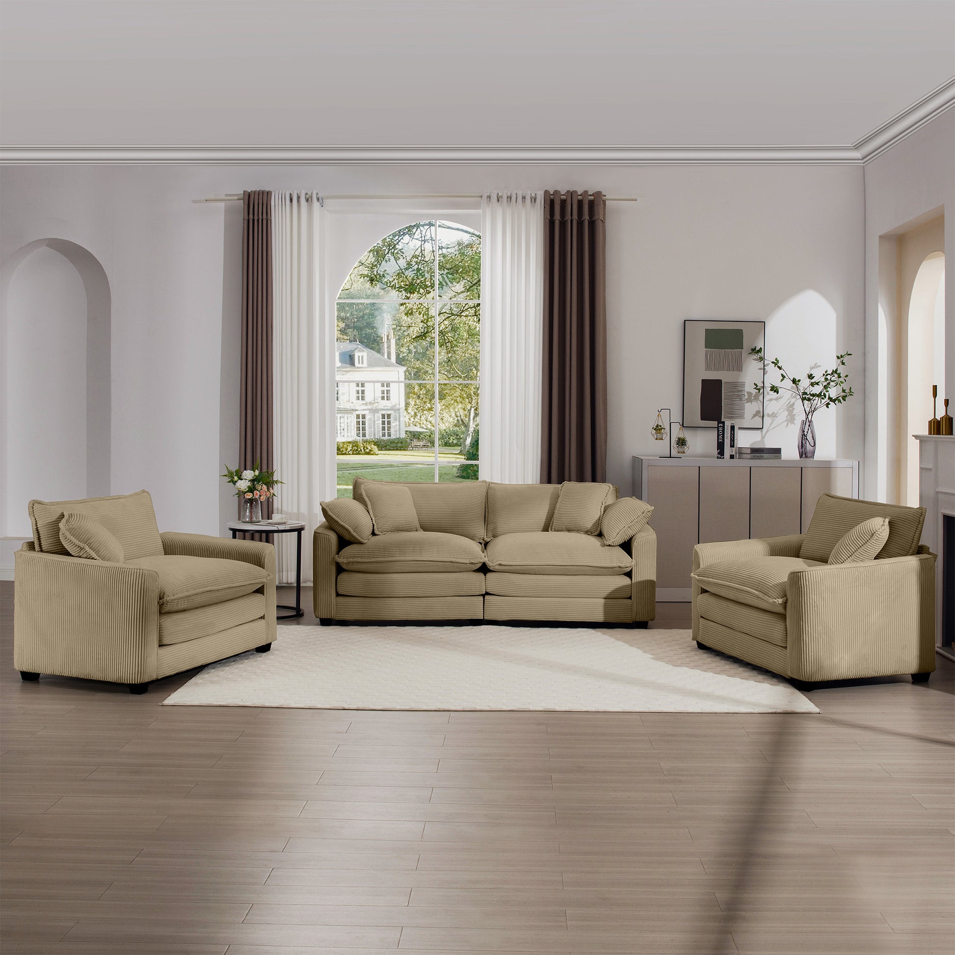 Beige corduroy sofa with plush cushions for comfortable living room seating