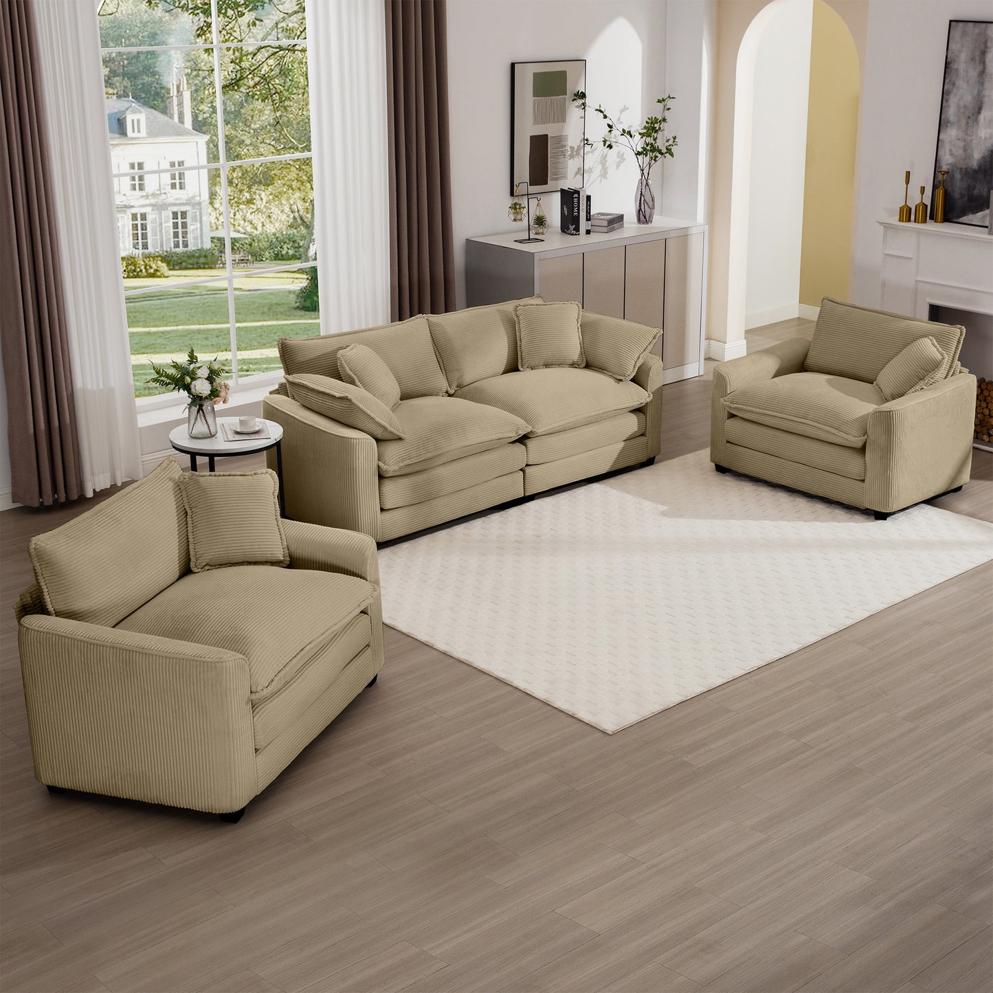 Comfortable beige corduroy sectional sofa with plush cushions and matching armchair ideal for modern living rooms