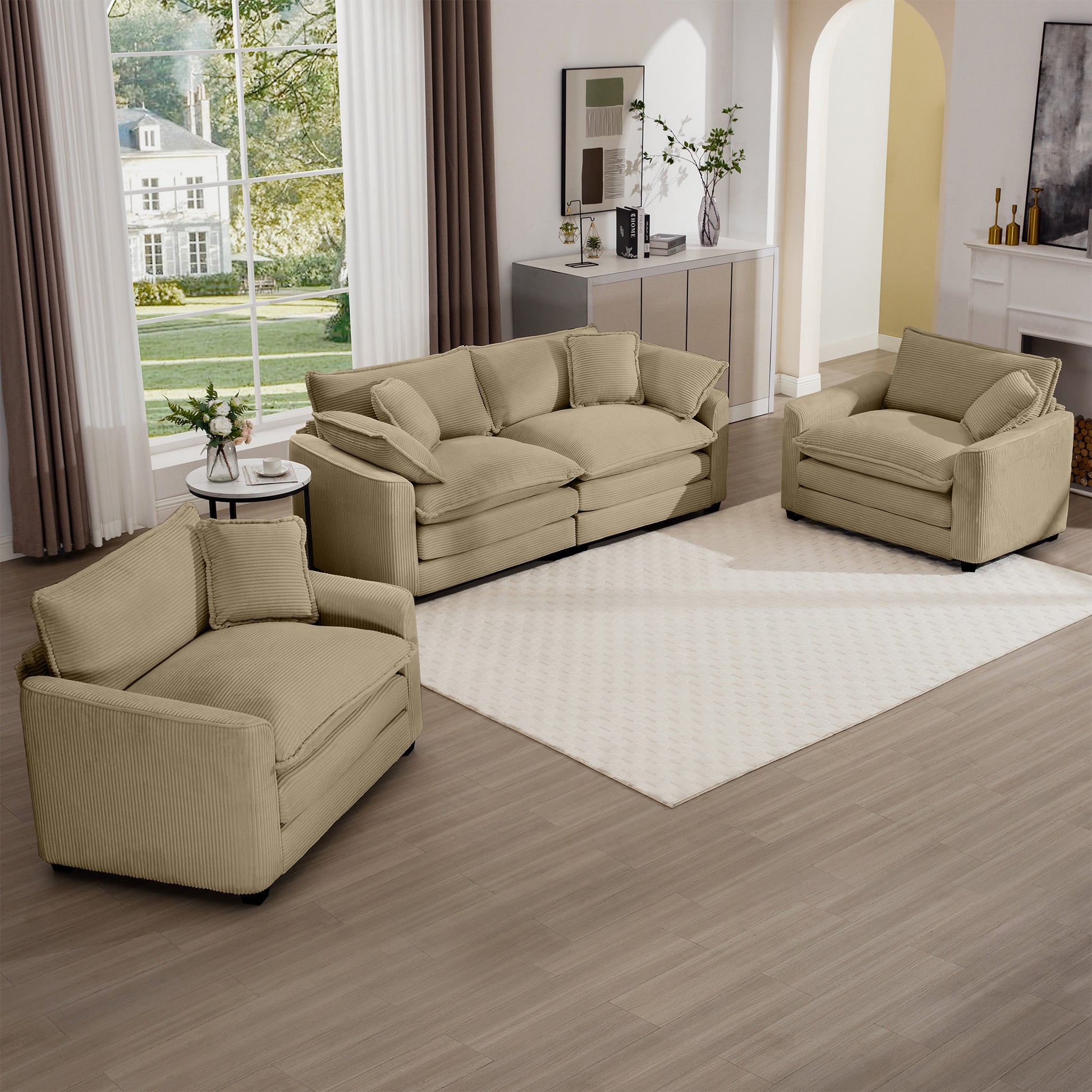 Comfortable beige corduroy sectional sofa with plush cushions and matching armchair ideal for modern living rooms