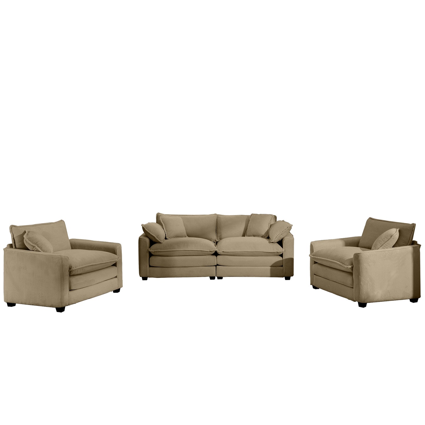 Comfortable beige corduroy sofa set with two accent chairs perfect for modern living rooms
