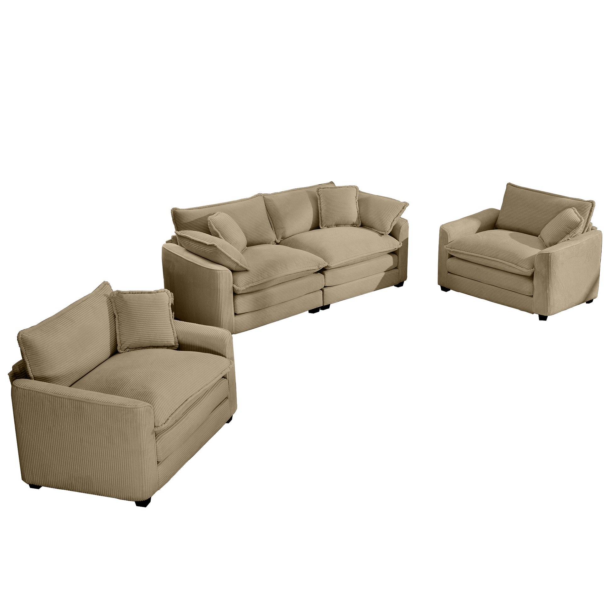Threepiece beige corduroy sofa set with plush cushions for modern living rooms