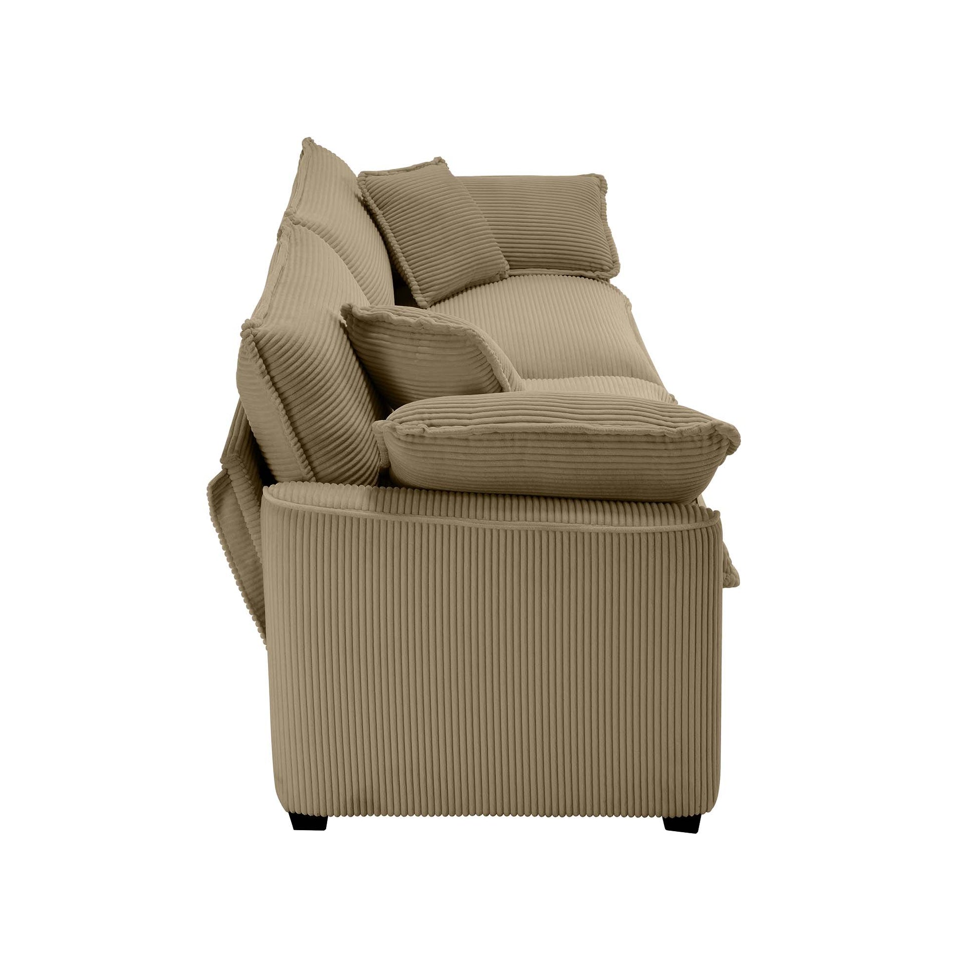 Taupe corduroy sofa with plush oversized cushions and a modern minimalist design for living rooms