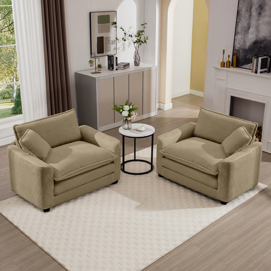 Cozy beige corduroy armchair with plush cushions perfect for living room relaxation