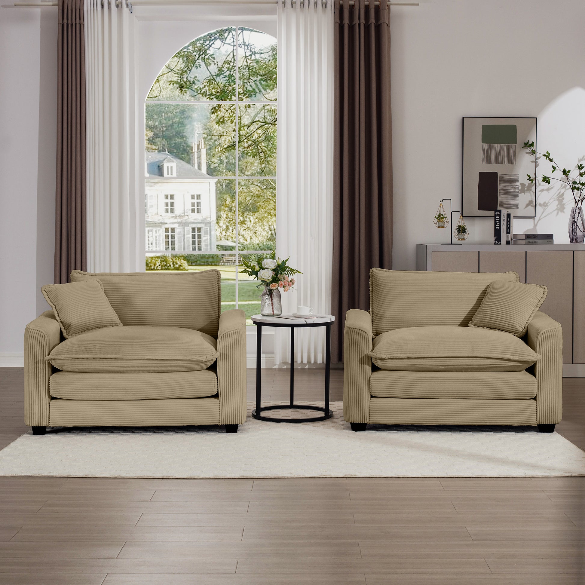 Cozy beige corduroy accent chair with plush cushions and matching throw pillow