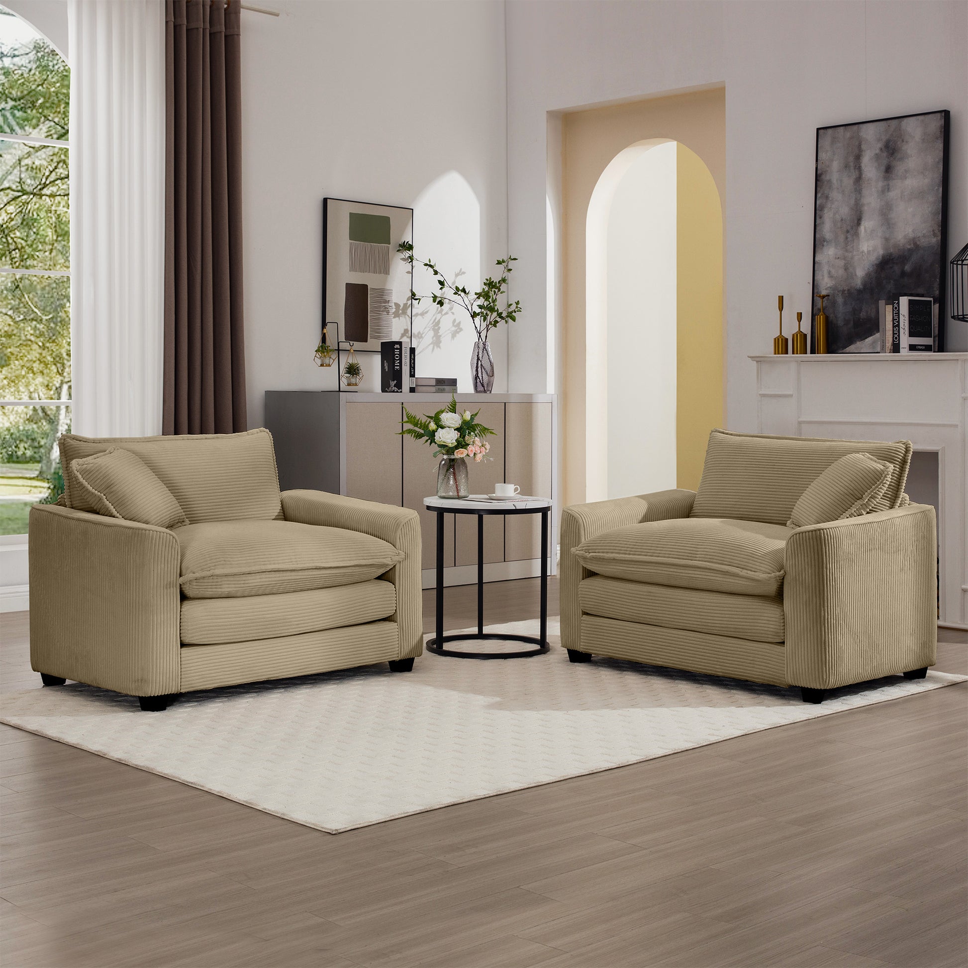 Plush beige corduroy armchair with deep seating and accent pillows perfect for living rooms