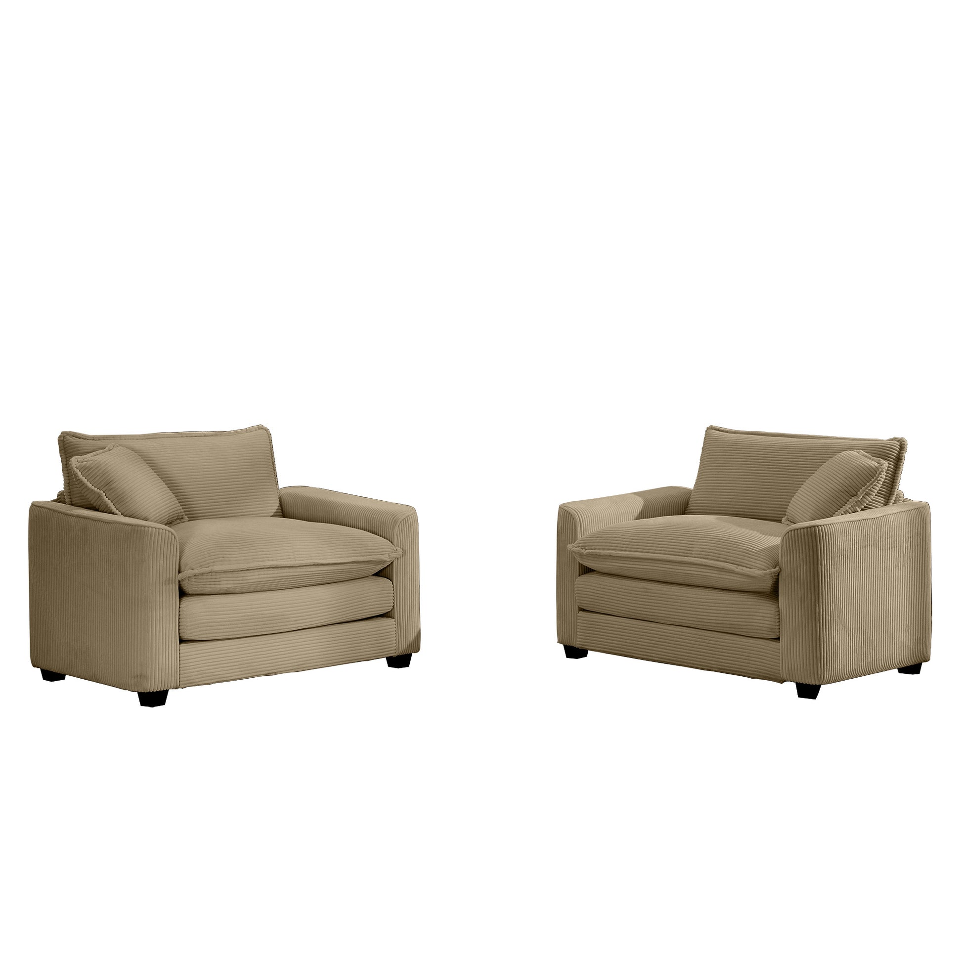 Plush tan corduroy armchair with large comfortable cushions for a cozy living room