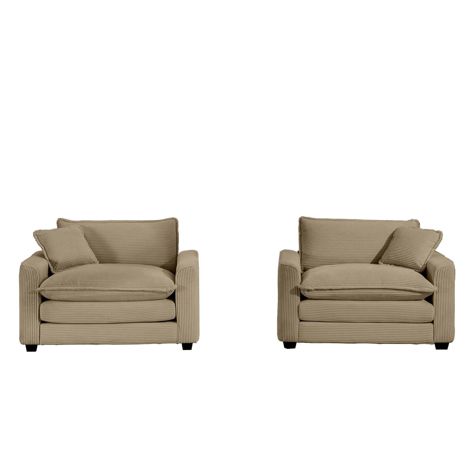 Two comfortable corduroy armchairs in beige perfect for a cozy living room