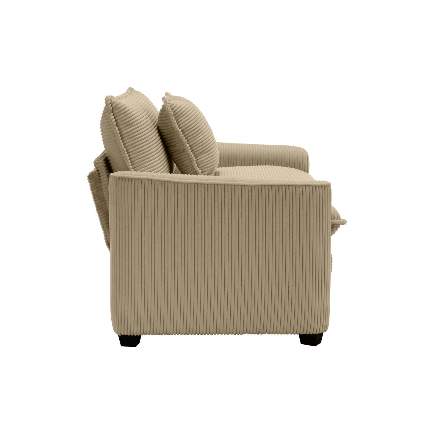 Beige corduroy armchair with plush cushions and dark wood legs