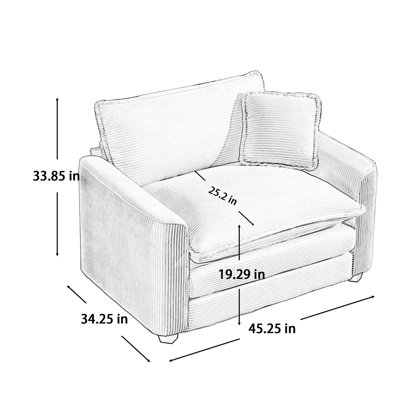 Sketch of a plush corduroy accent chair with a matching throw pillow