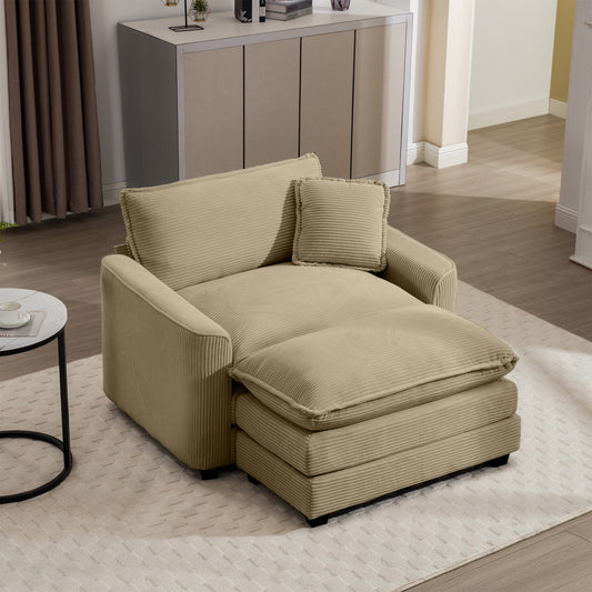 Beige corduroy chaise lounge with plush cushions and matching accent pillow