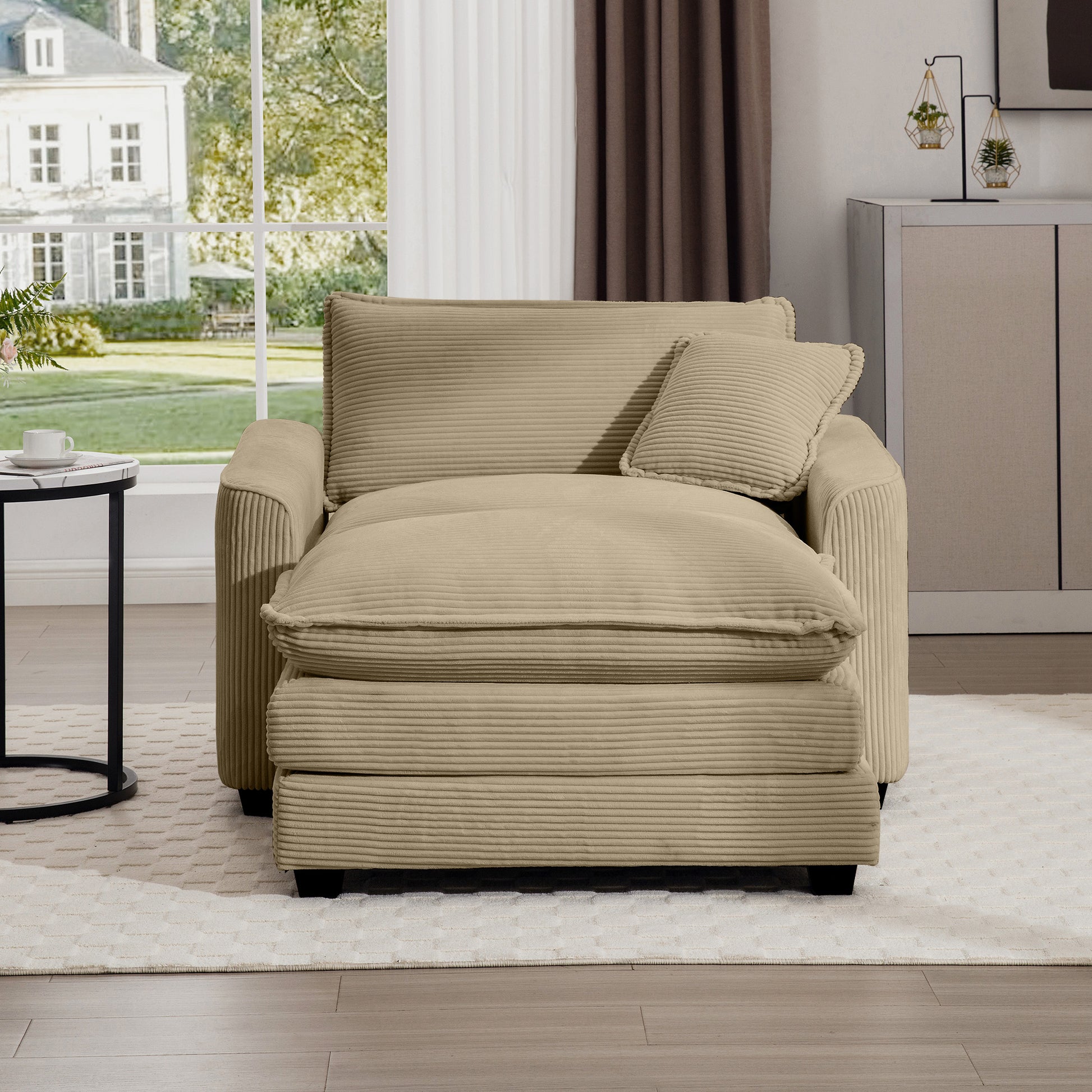 Beige corduroy chaise lounge with plush cushions and a matching pillow ideal for relaxation