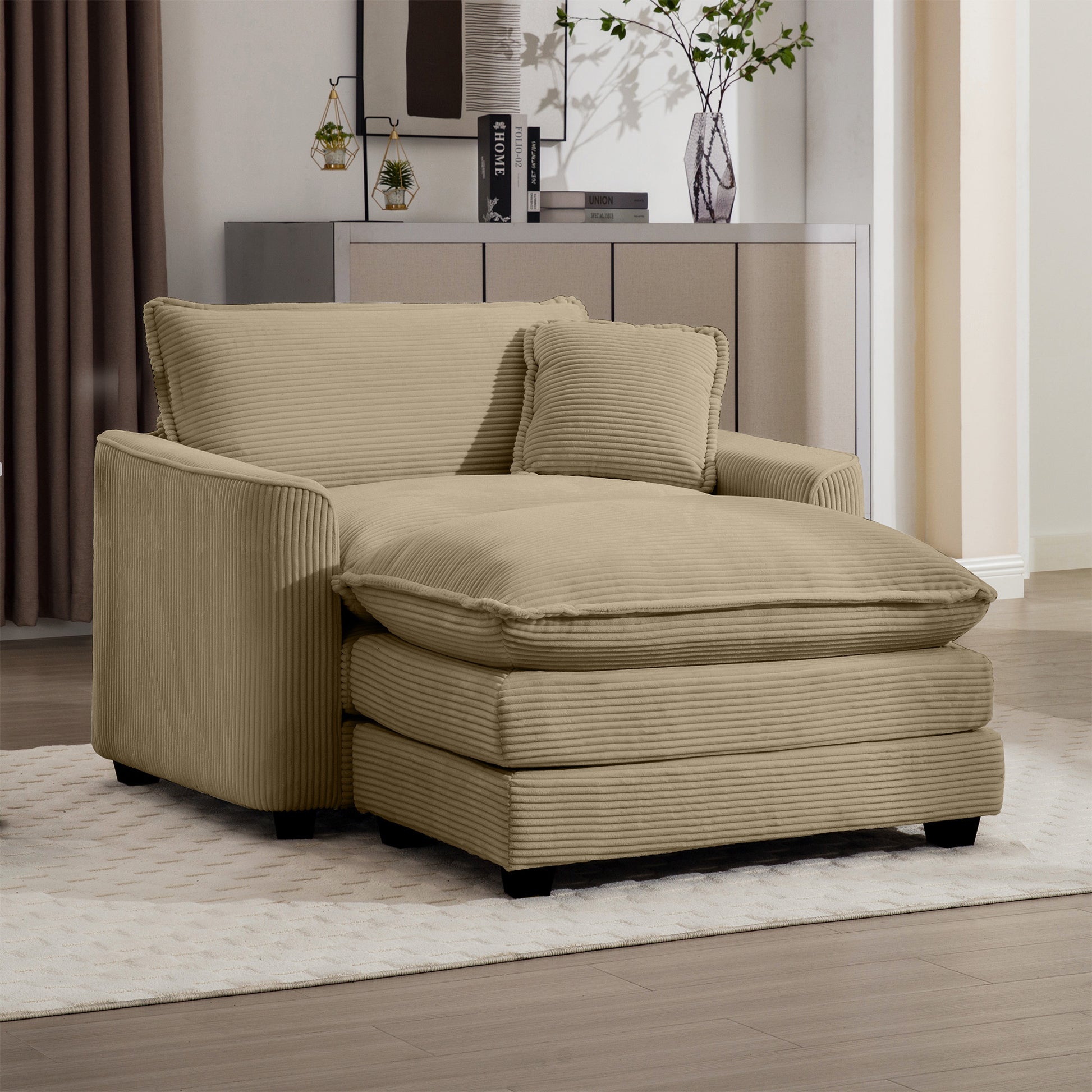 Tan corduroy chaise lounge with plush cushions and a matching throw pillow