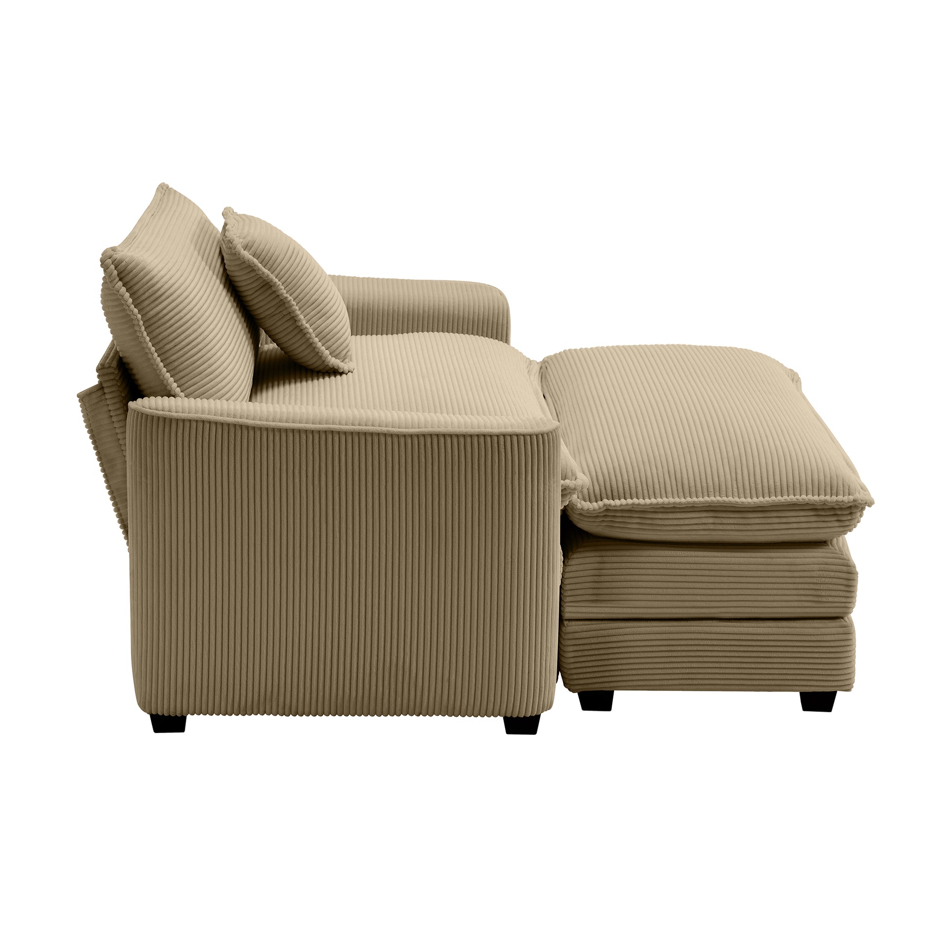 Beige corduroy sofa with plush cushions and matching ottoman perfect for living rooms