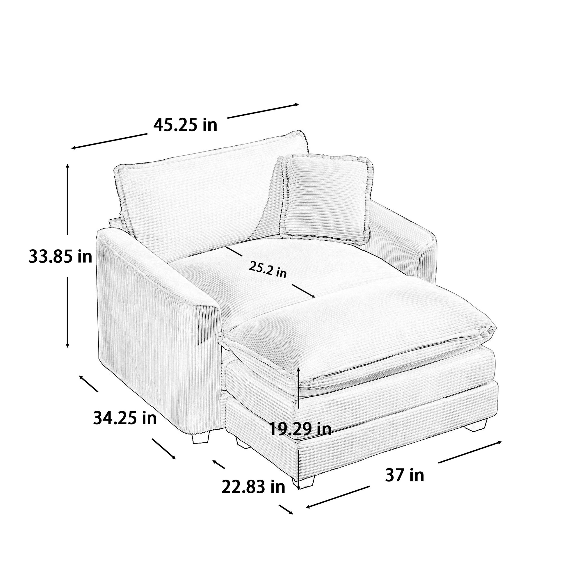 Sketch of a corduroy armchair chaise lounge with plush cushioning and a matching pillow