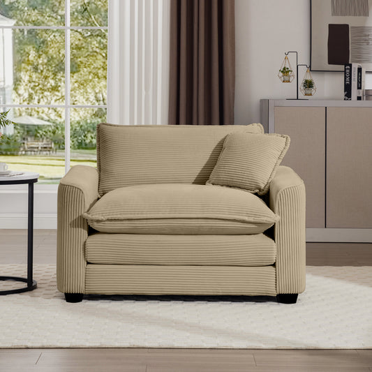 Beige corduroy accent chair with plush seat and back cushions for ultimate comfort