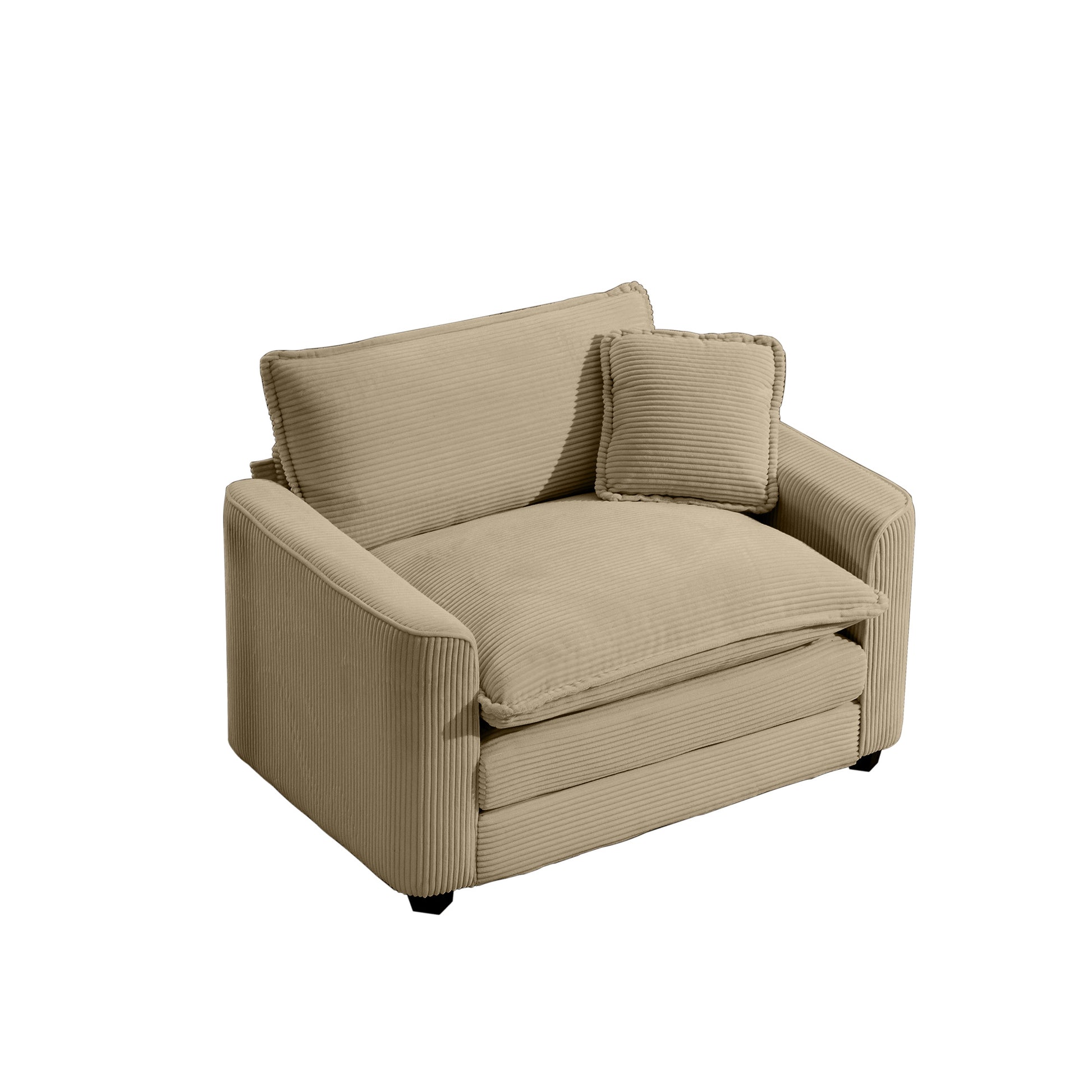 Plush beige corduroy armchair with deep seating and square accent pillow
