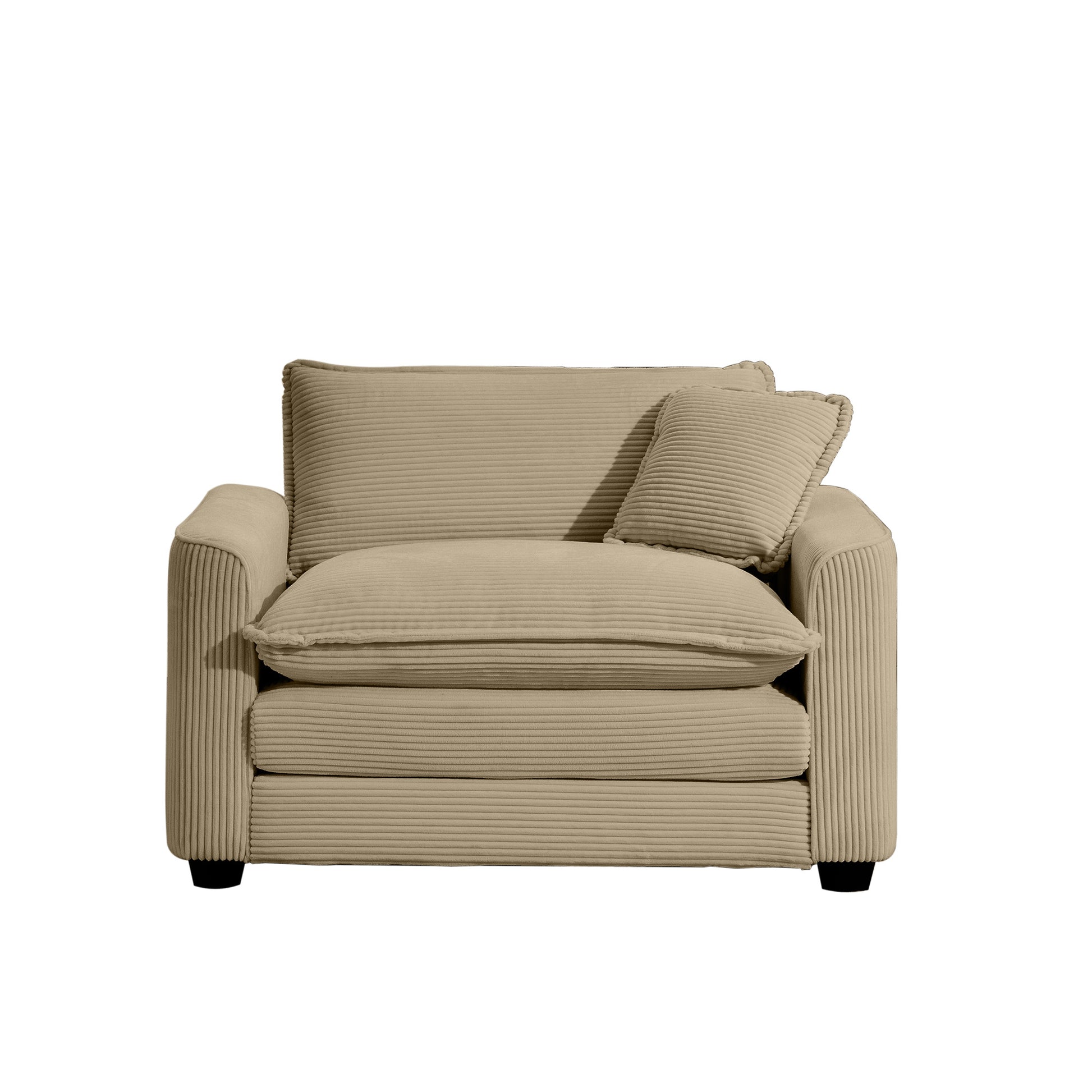 Cozy beige corduroy armchair with plush cushions and matching throw pillow