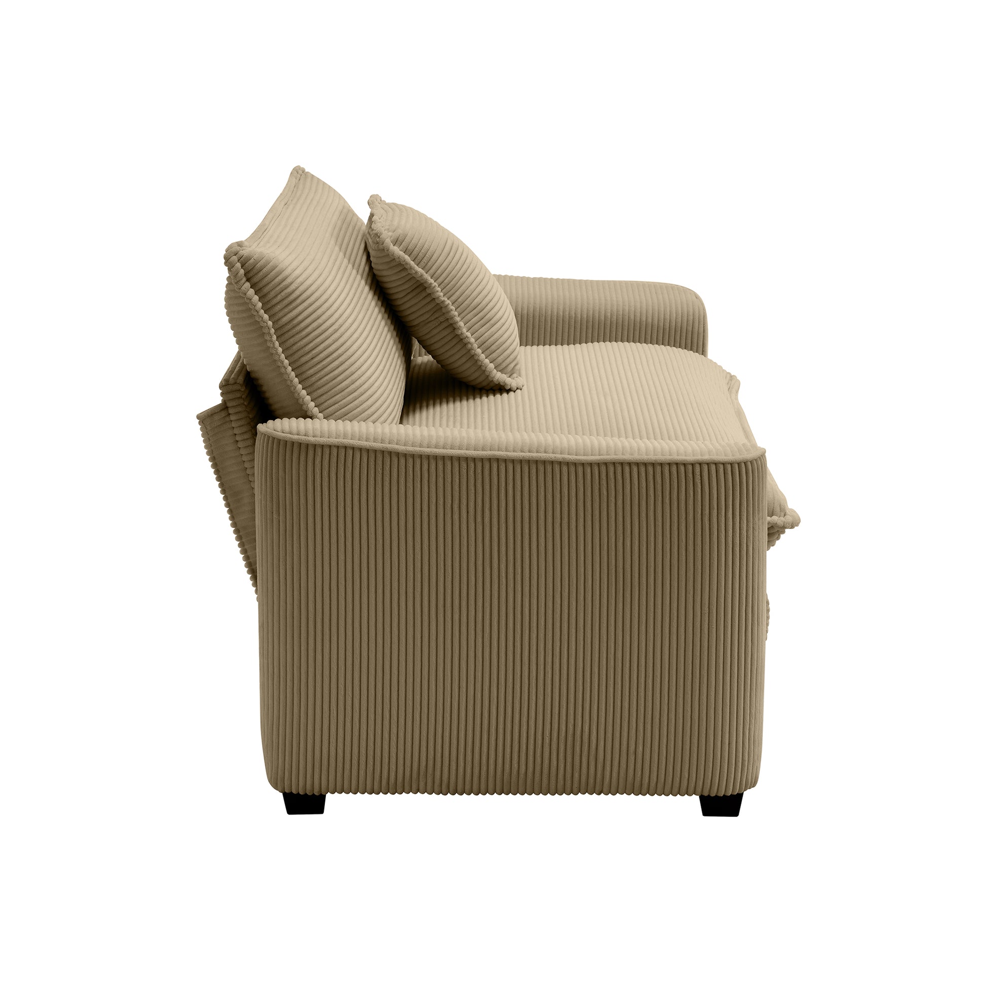 Cozy beige corduroy sofa with plush throw pillows perfect for a relaxed living room ambiance