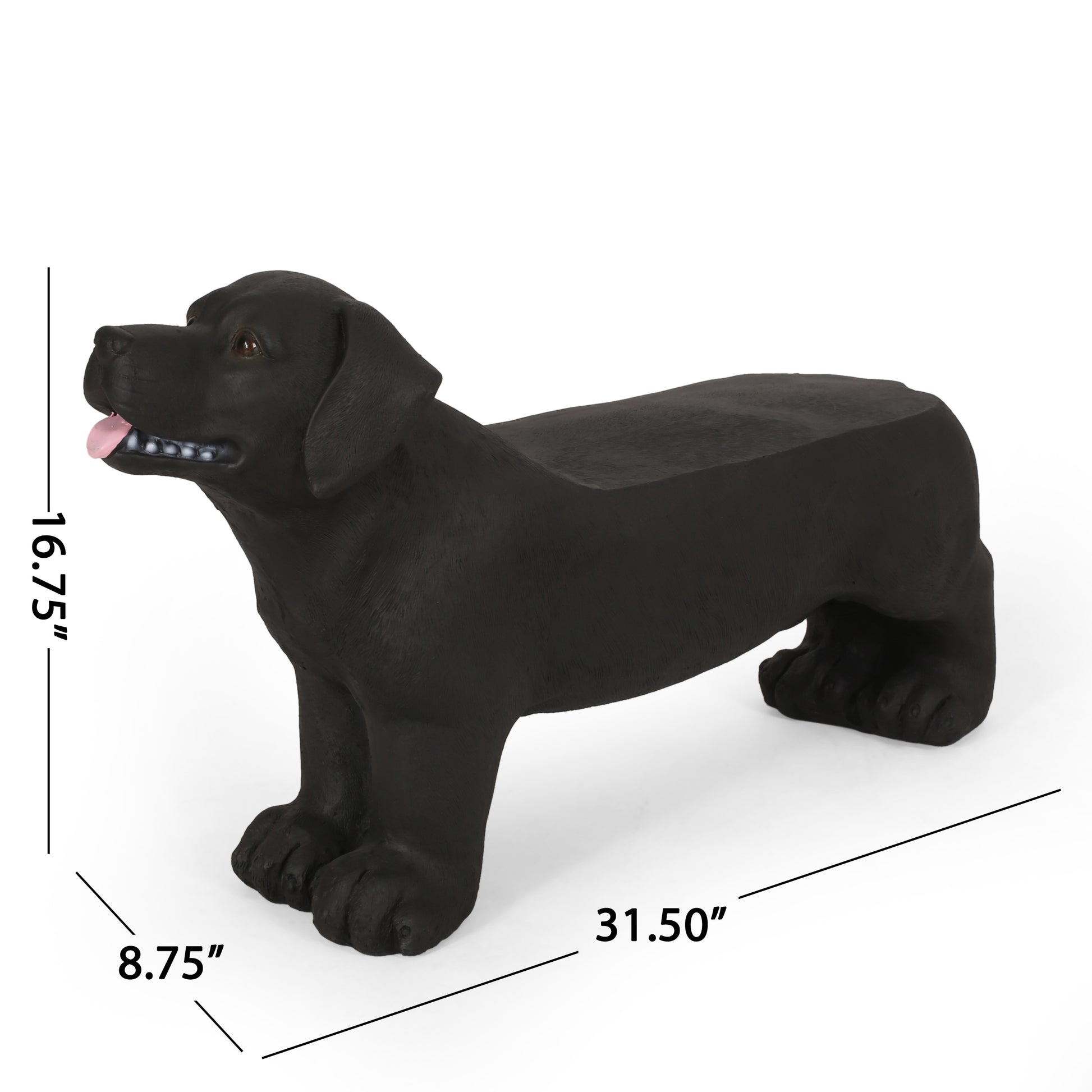 Black labrador dog bench with tongue out made of durable resin material