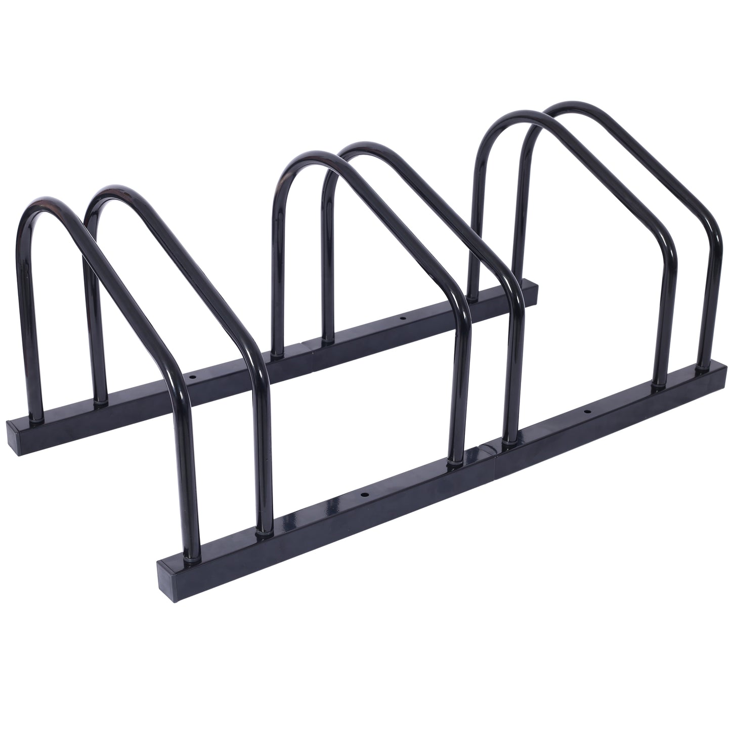 Black metal bike rack with curved slots for stable bicycle storage