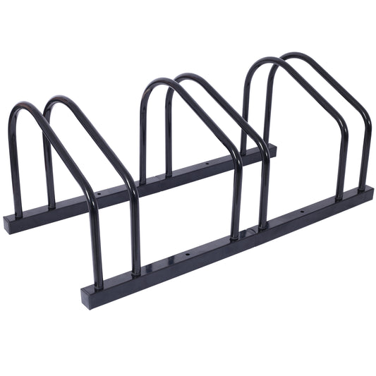 Black metal bike rack with curved slots for stable bicycle storage