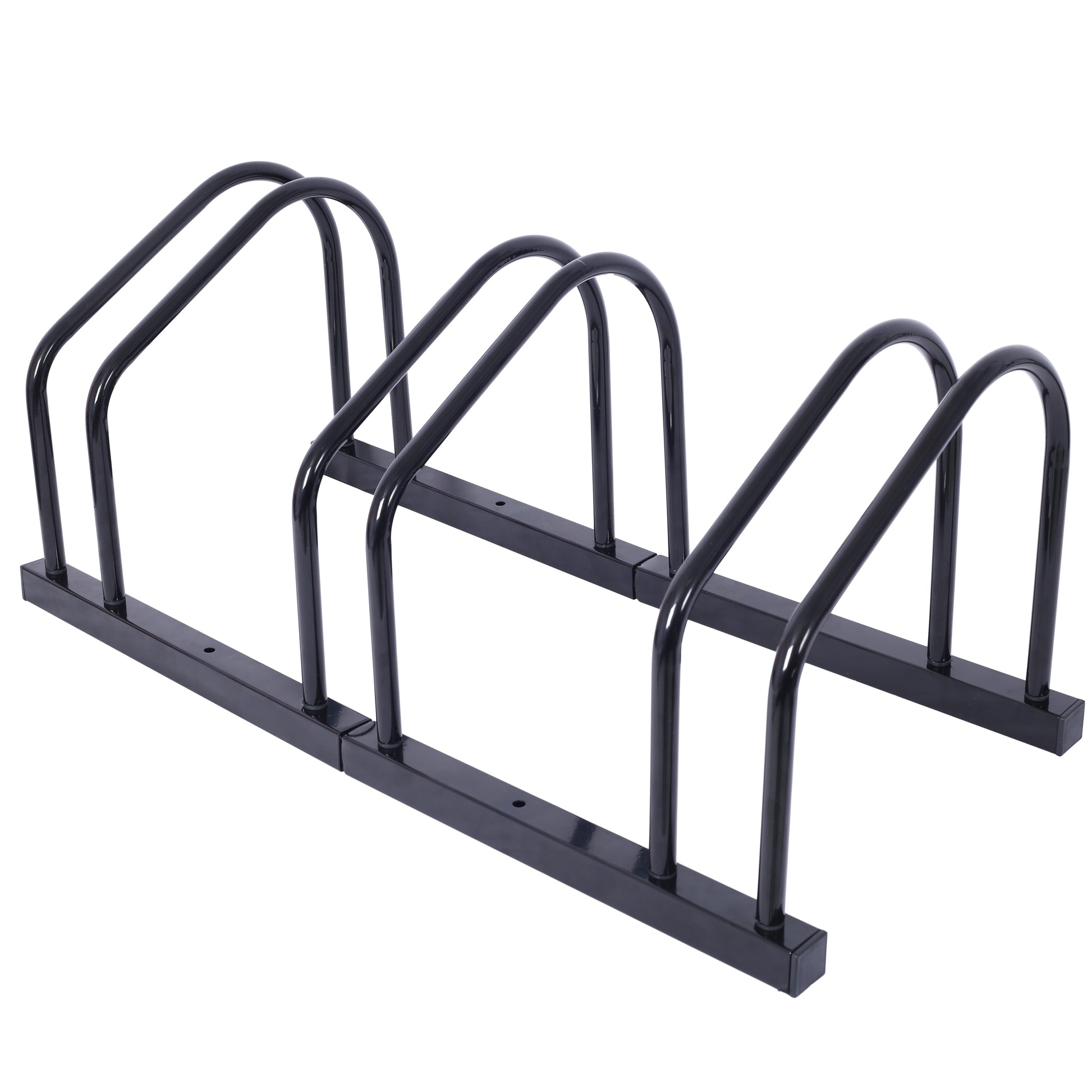 Black metal bike rack with curved supports for secure bicycle parking