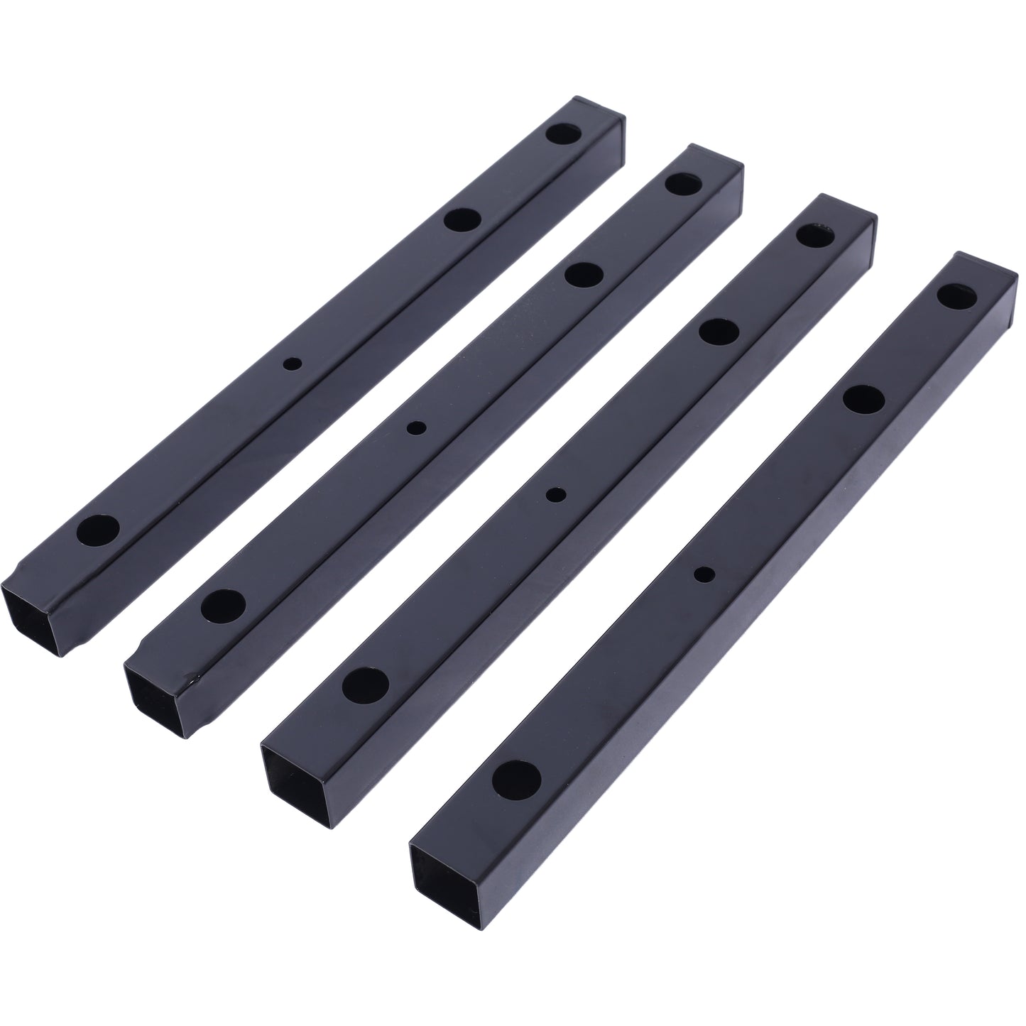 Four black metal square tubing pieces with predrilled holes for fastening