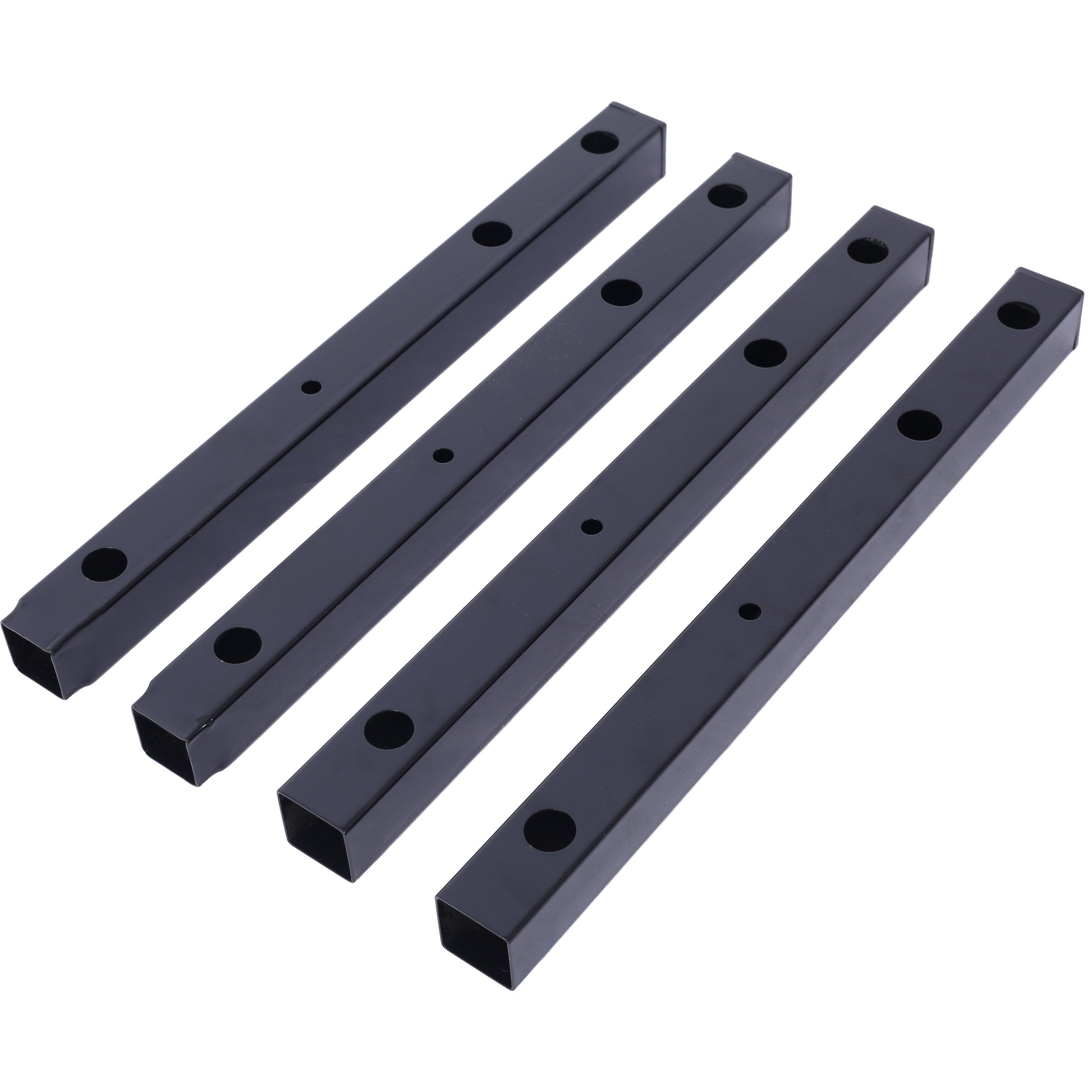 Four black metal square tubing pieces with predrilled holes for fastening
