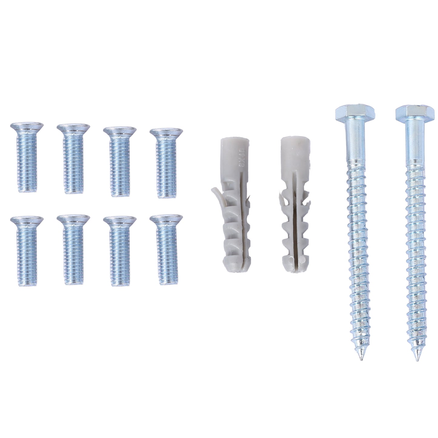 Assortment of silver metal screws and grey plastic wall anchors for home repairs
