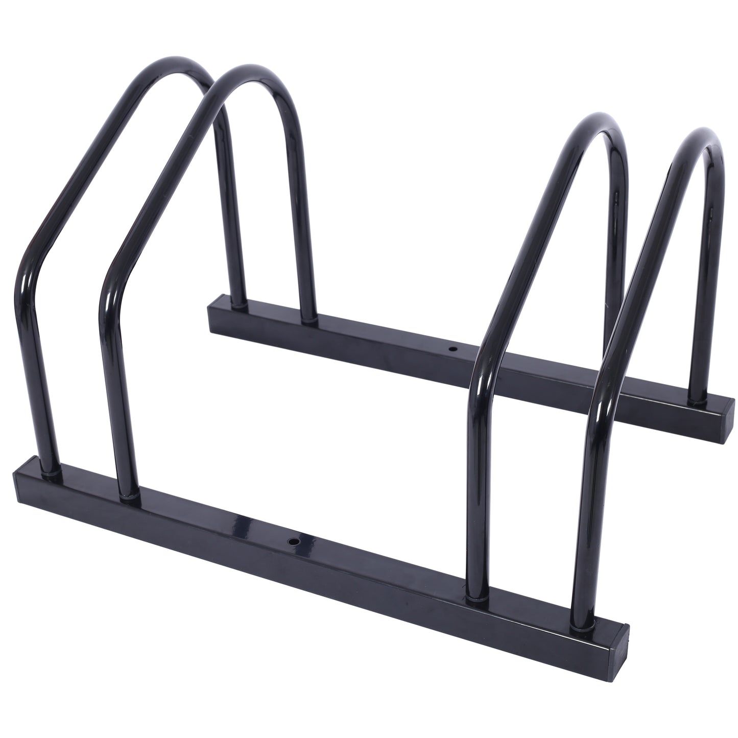 Black metal bike rack with curved cradles for stable bicycle storage
