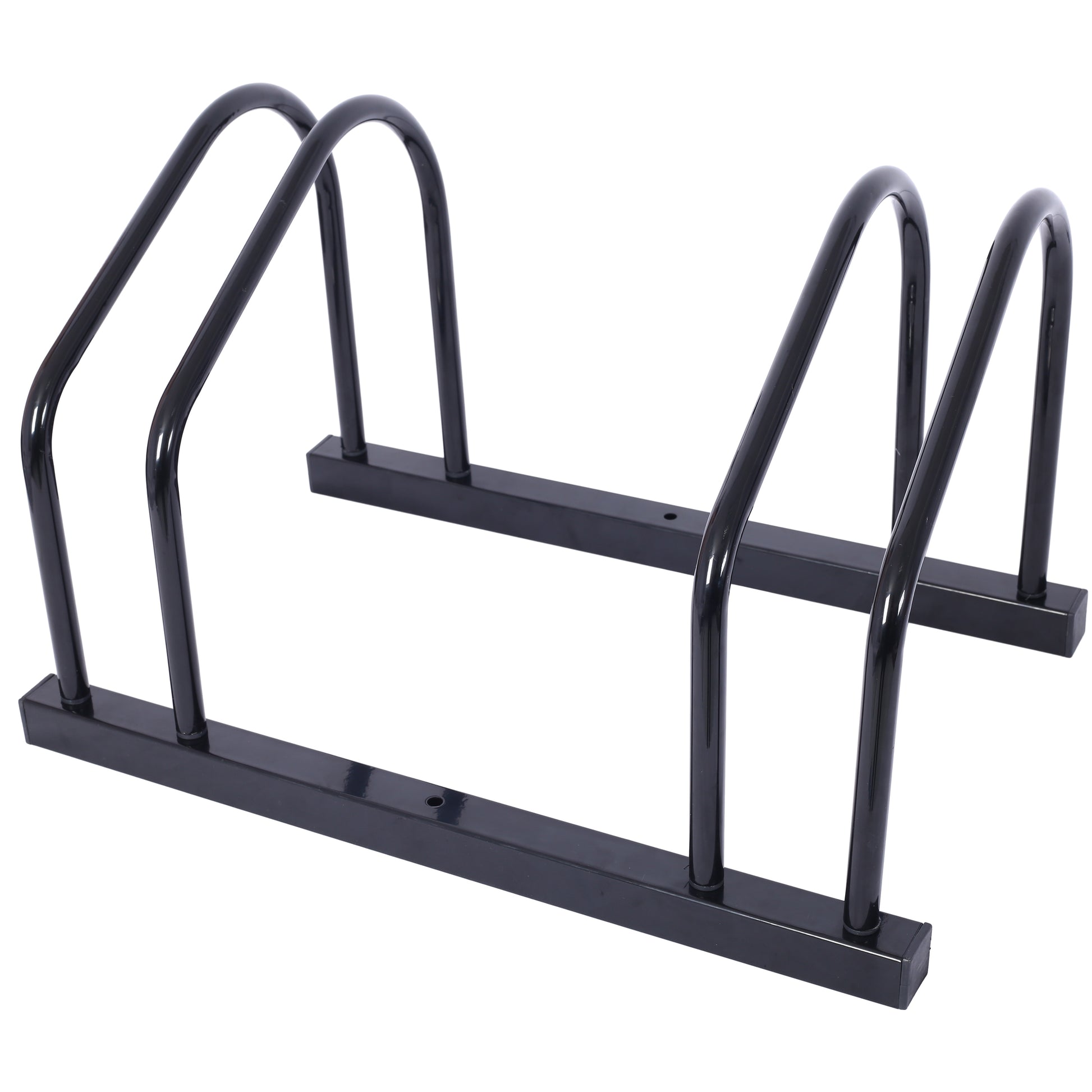 Black metal bike rack with curved cradles for stable bicycle storage