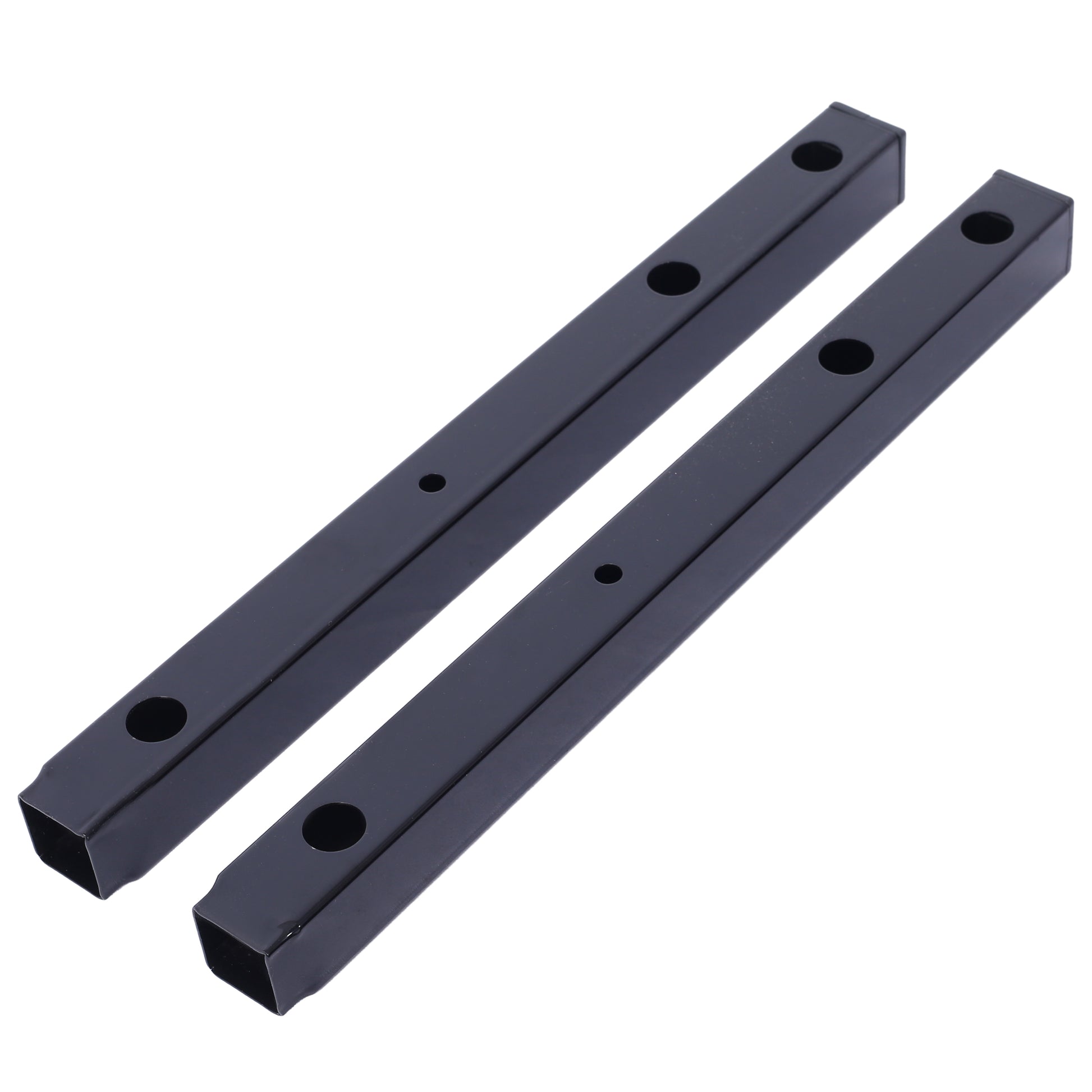 Two black metal square tubing brackets with predrilled holes for mounting