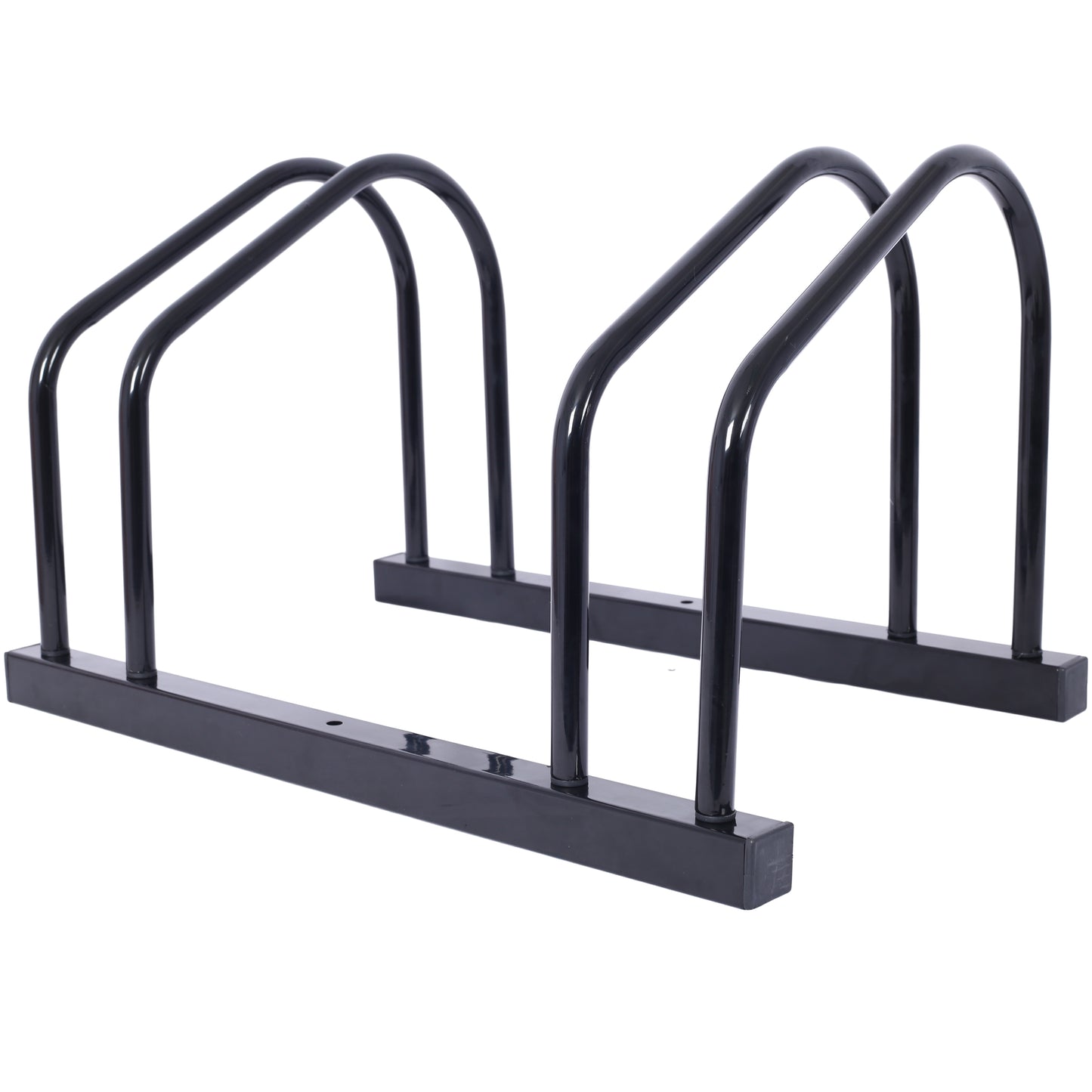 Black metal bike rack with two slots for bicycle storage