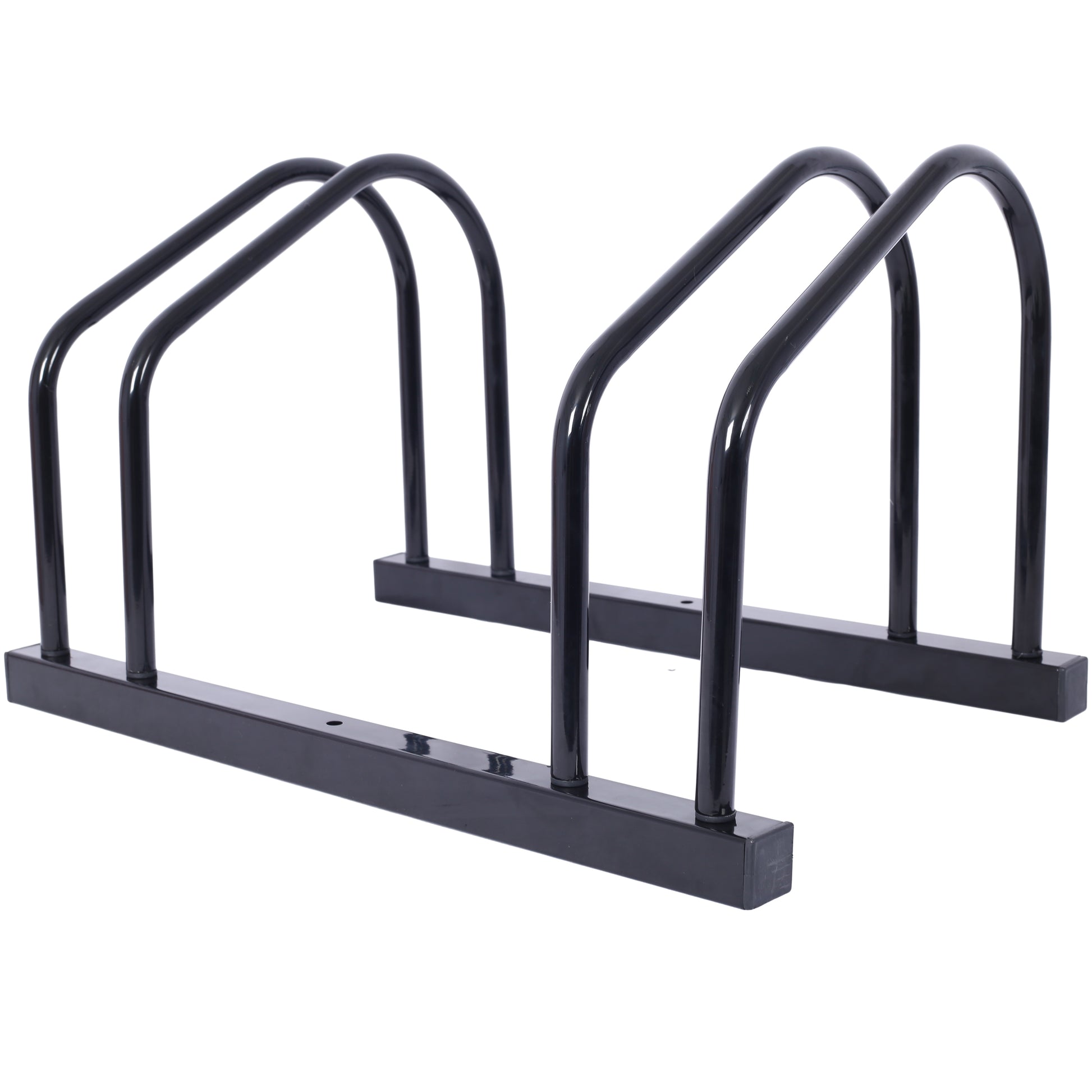 Black metal bike rack with two slots for bicycle storage