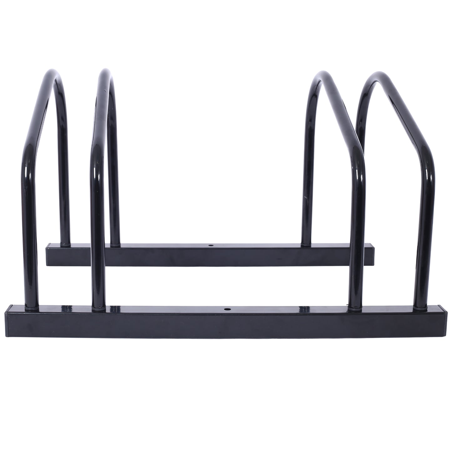 Black metal bike rack with curved support arms for secure bicycle parking