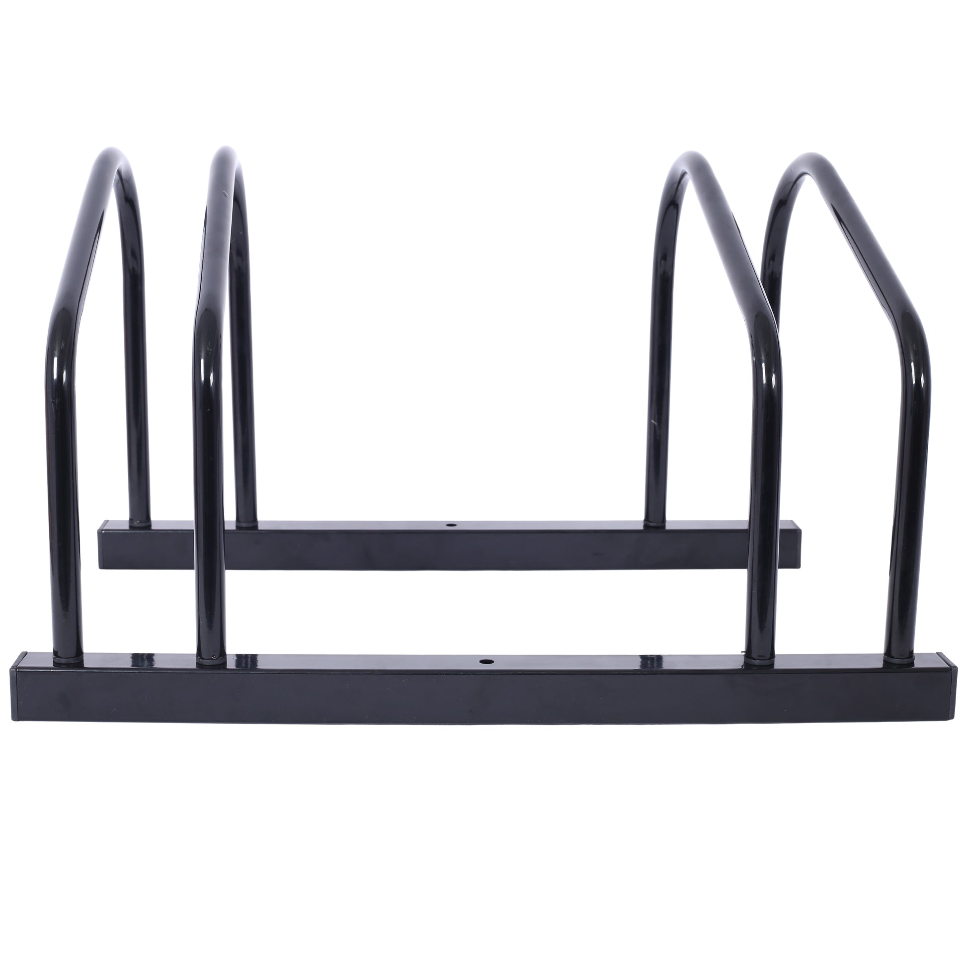 Black metal bike rack with curved support arms for secure bicycle parking