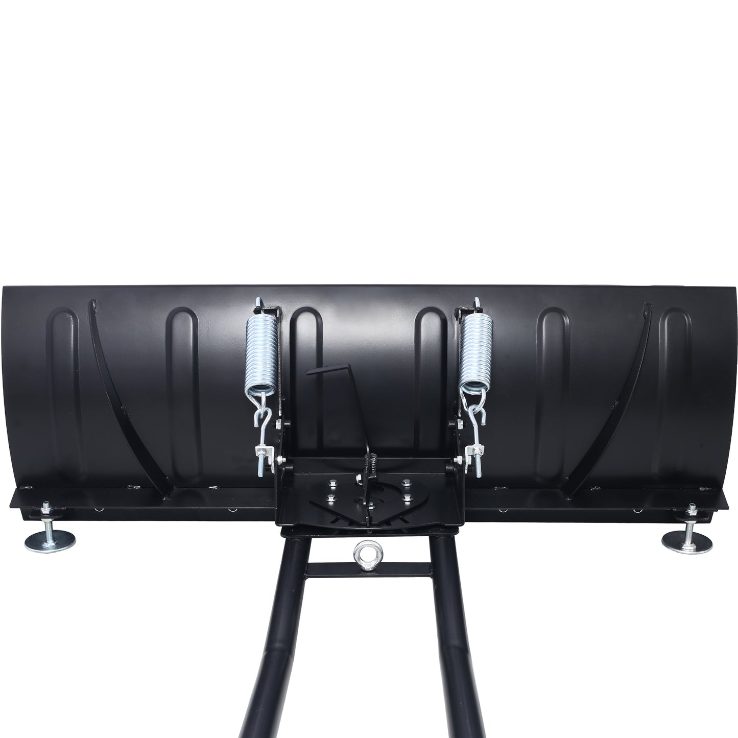 Black metal snow plow blade with springloaded mechanism for ATV use