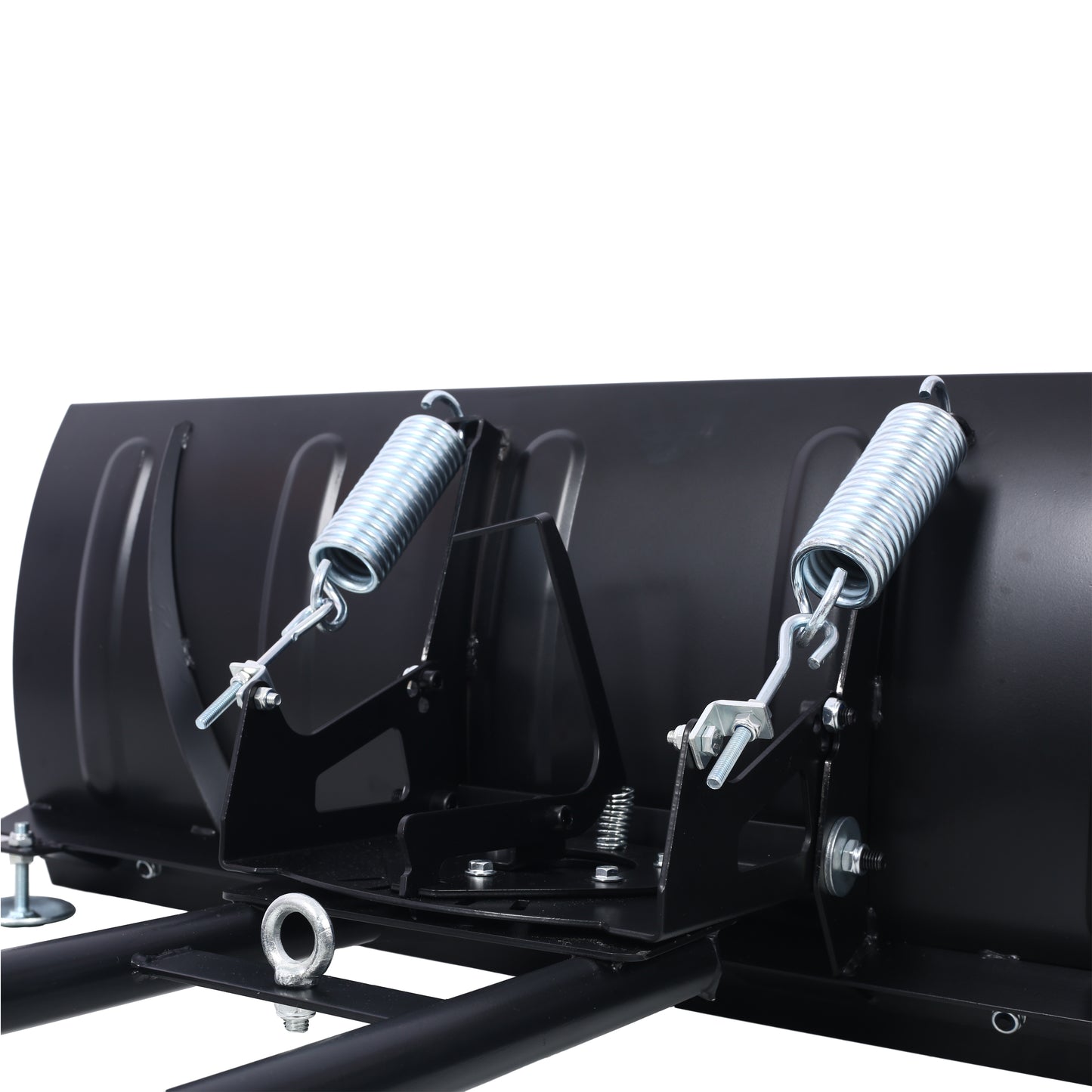 Black steel snow plow blade with heavyduty springs and mounting hardware