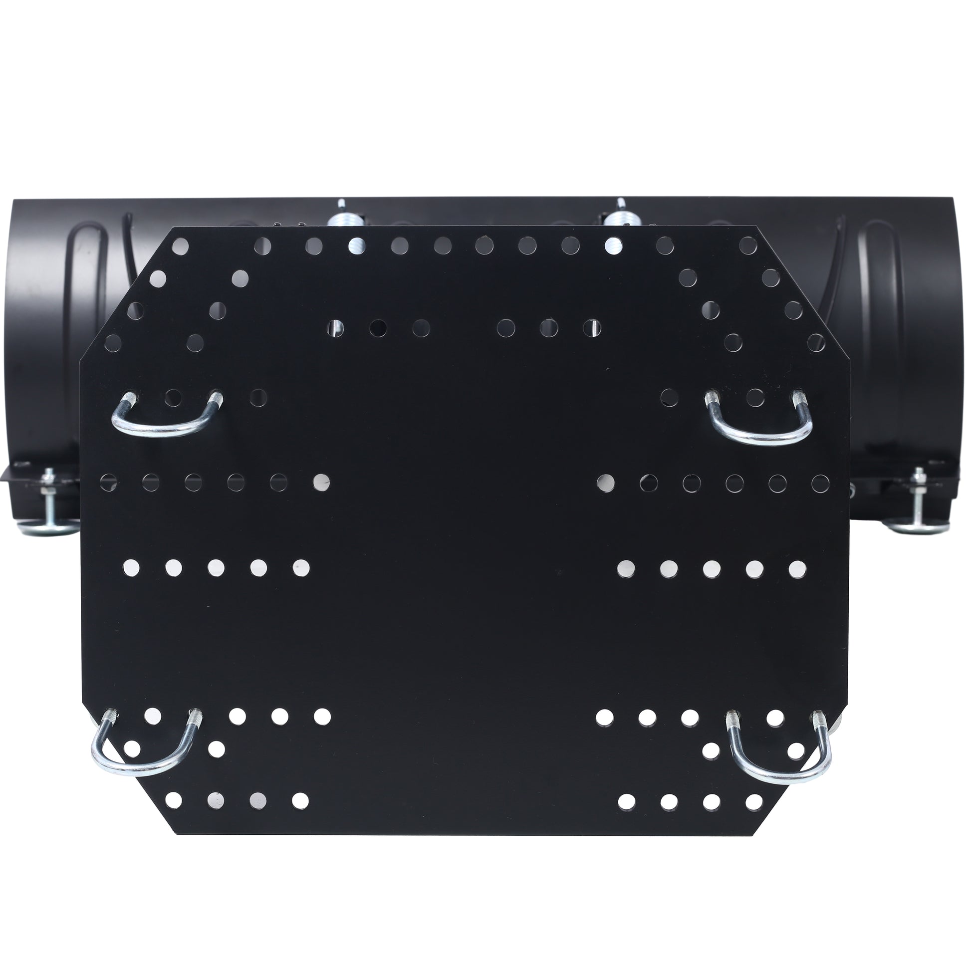 Black metal exhaust fan mounting bracket with predrilled holes and Drings for secure attachment