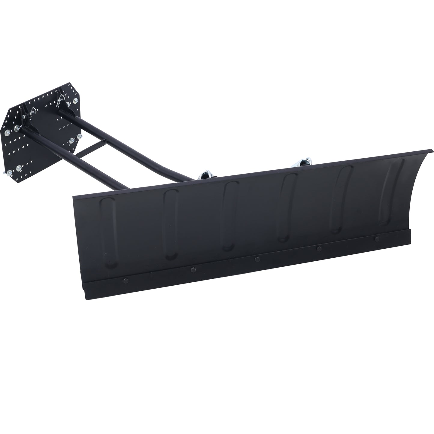 Heavyduty black steel snow plow blade with adjustable mounting bracket for easy attachment