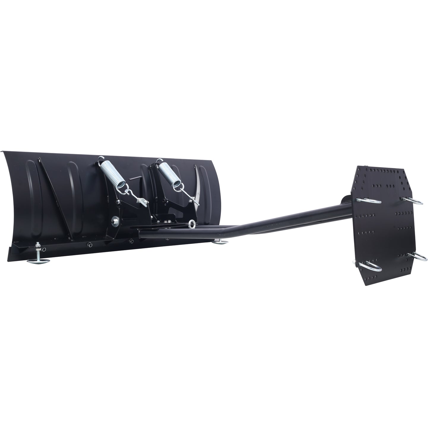Black metal plow blade attachment with spring mechanism and tow hitch