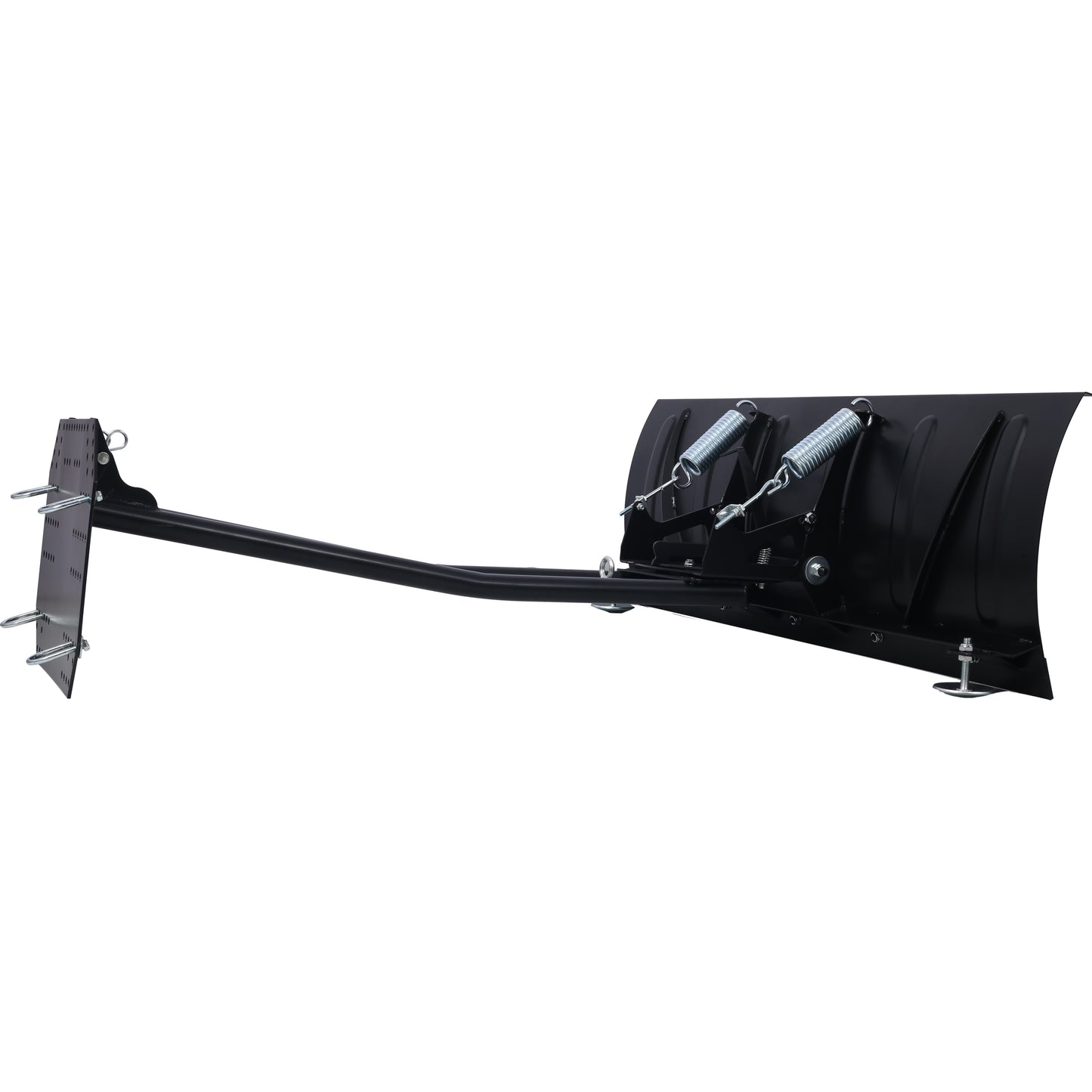 Black metal snow plow blade with adjustable springs for ATV use